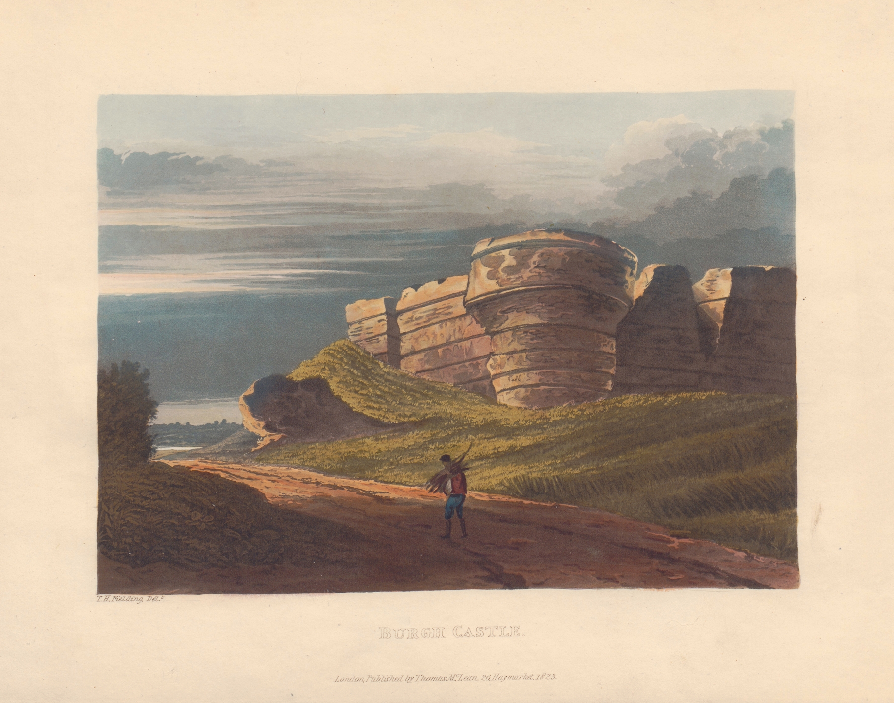 Burgh Castle by Theodore Henry Adolphus Fielding, oil on canvas, featuring castle ruins and tranquil waters.