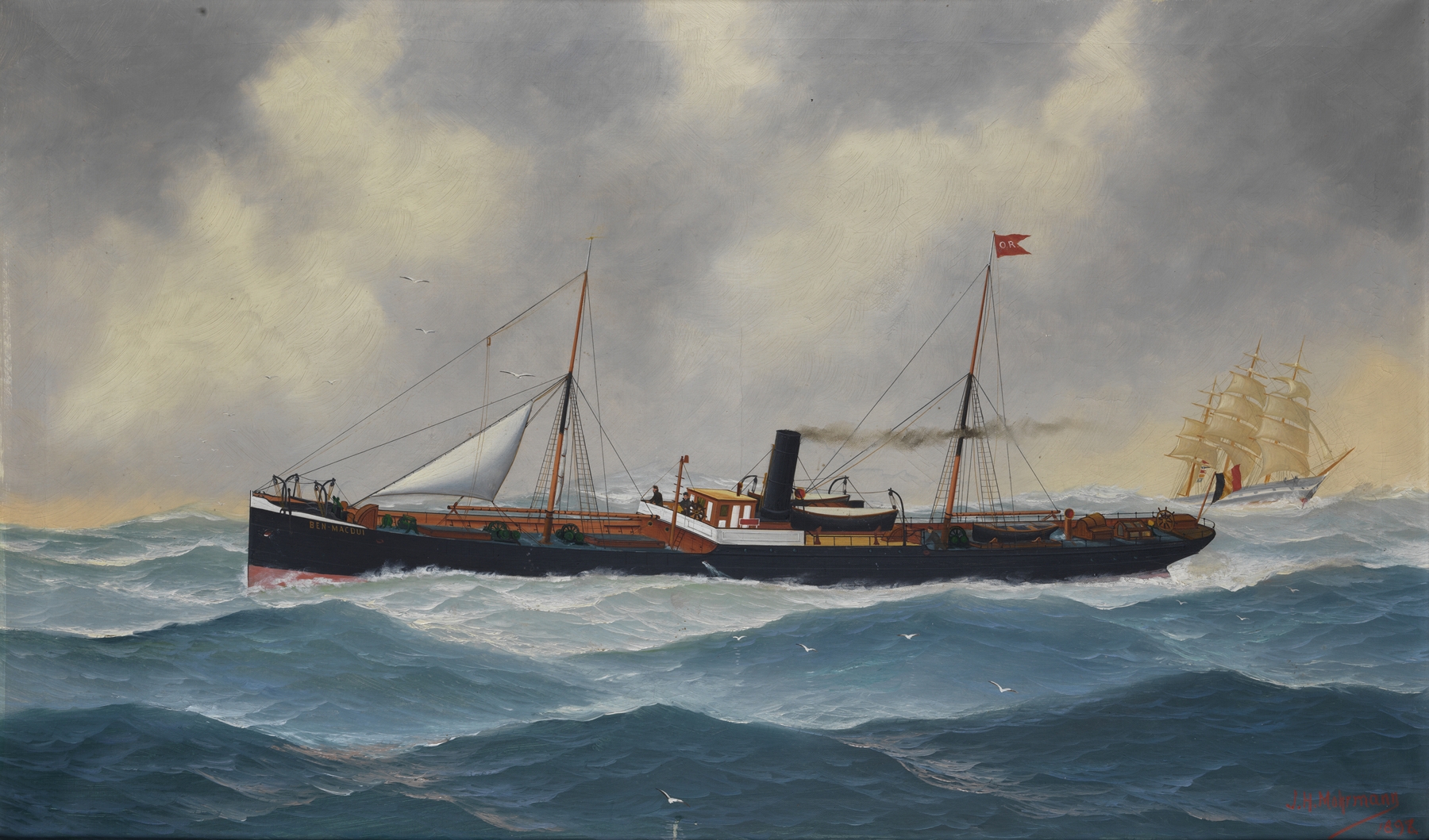 Marine scene depicting the steamship Ben Macdui battling a storm, oil painting by John-Henry Mohrmann