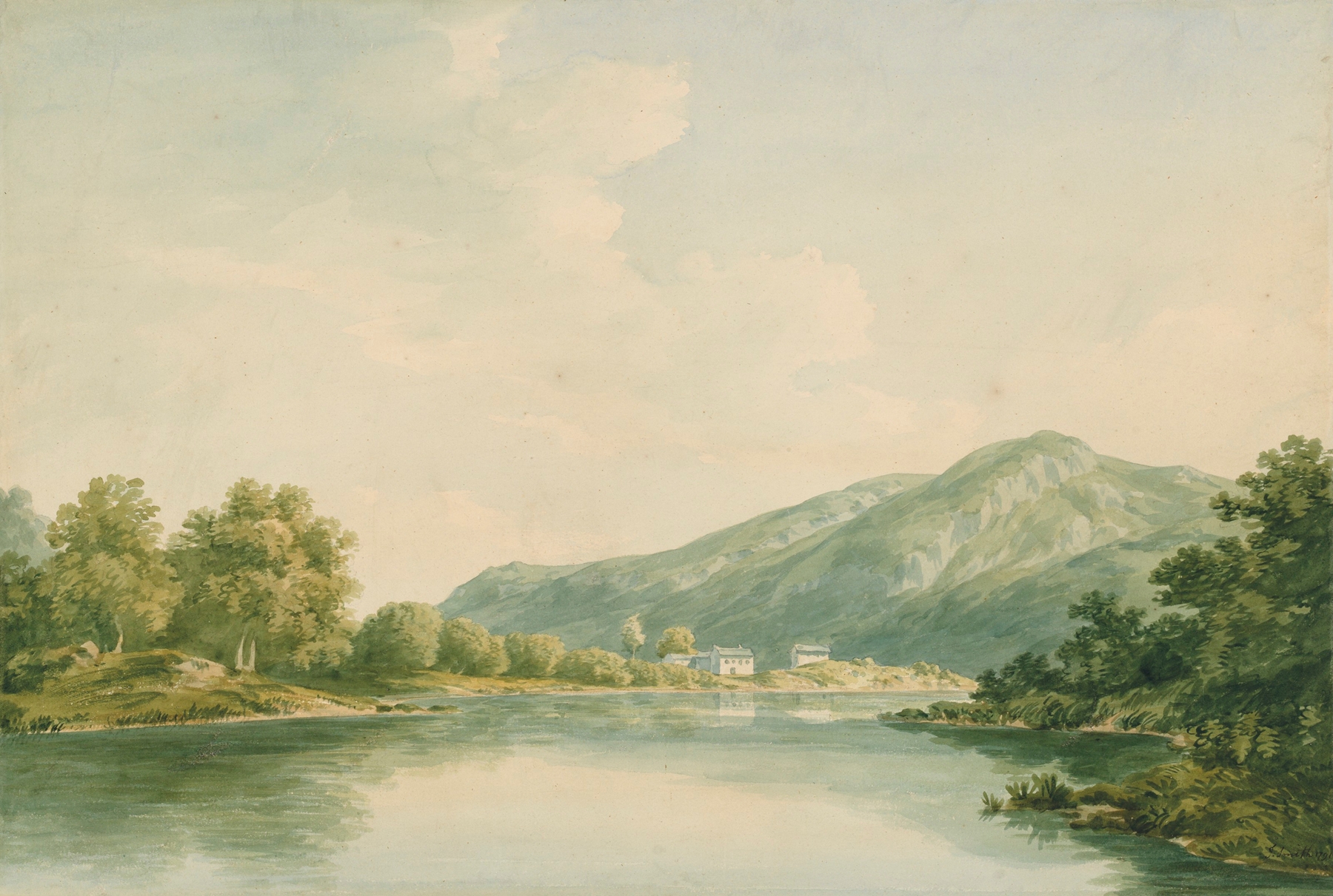 Watercolour by John Warwick Smith depicting Lake Windermere with ripples and soft colors.