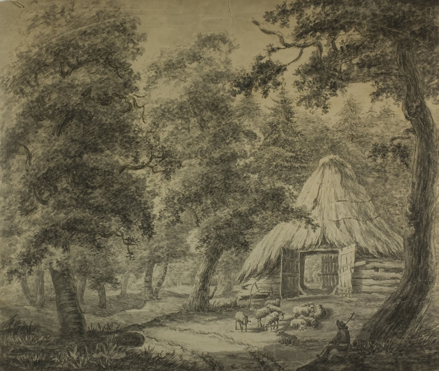Thatched hut in woods with shepherd and sheep, oil painting by Antonie Waterloo