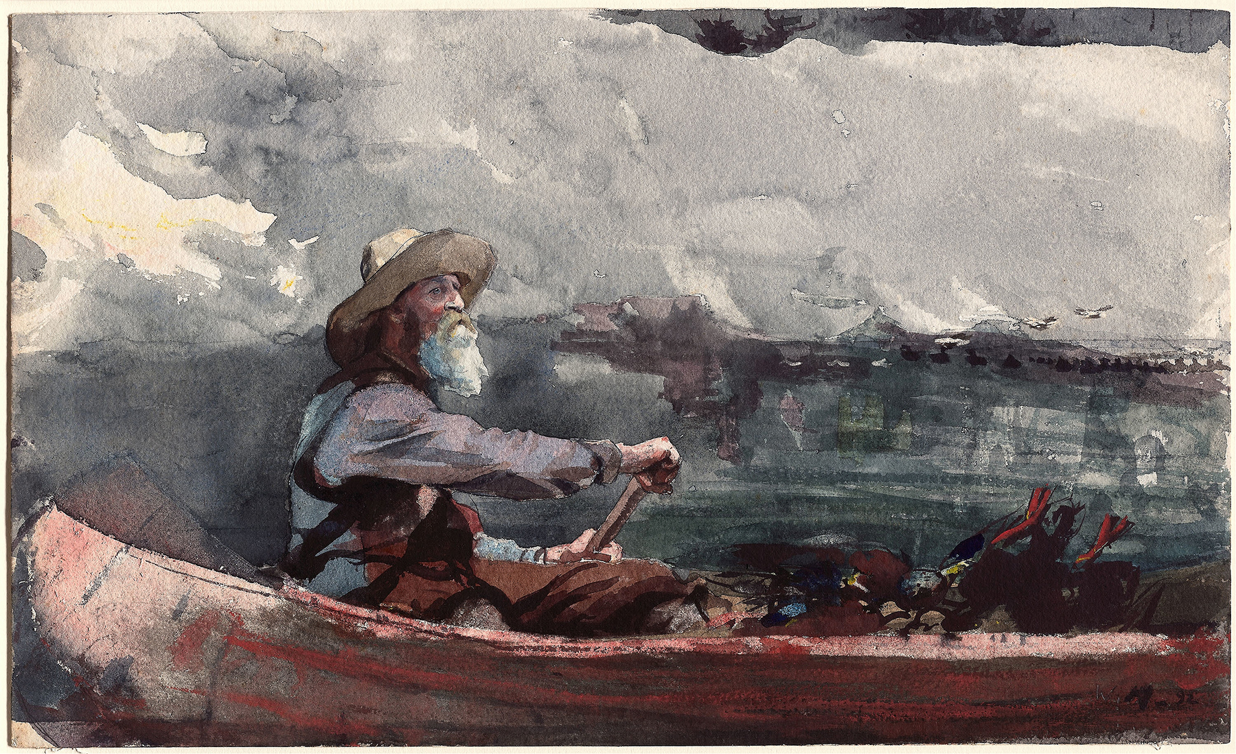 Adirondacks Guide by Winslow Homer, oil painting of a solitary figure in a tranquil wilderness.