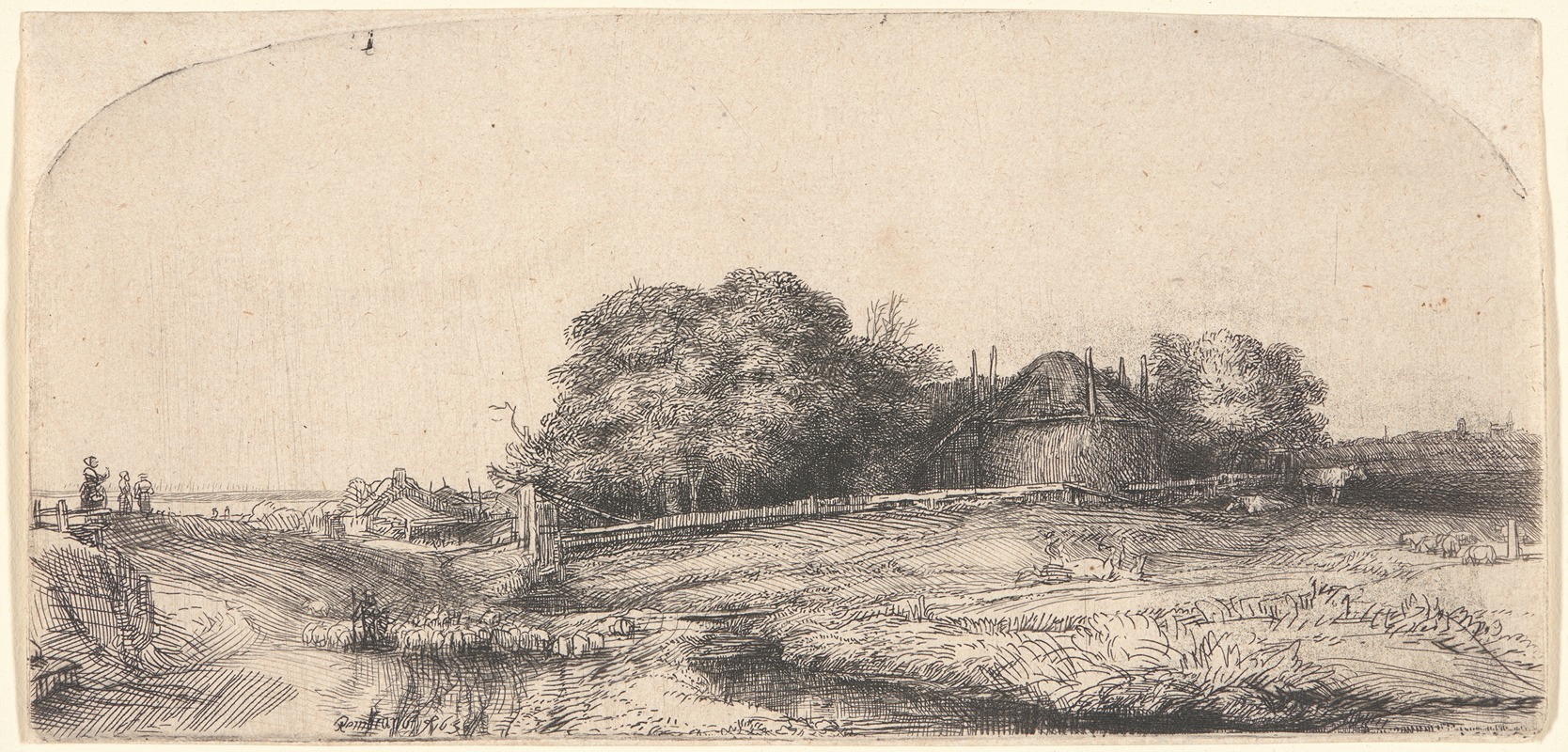 A serene landscape featuring a hay barn and sheep.