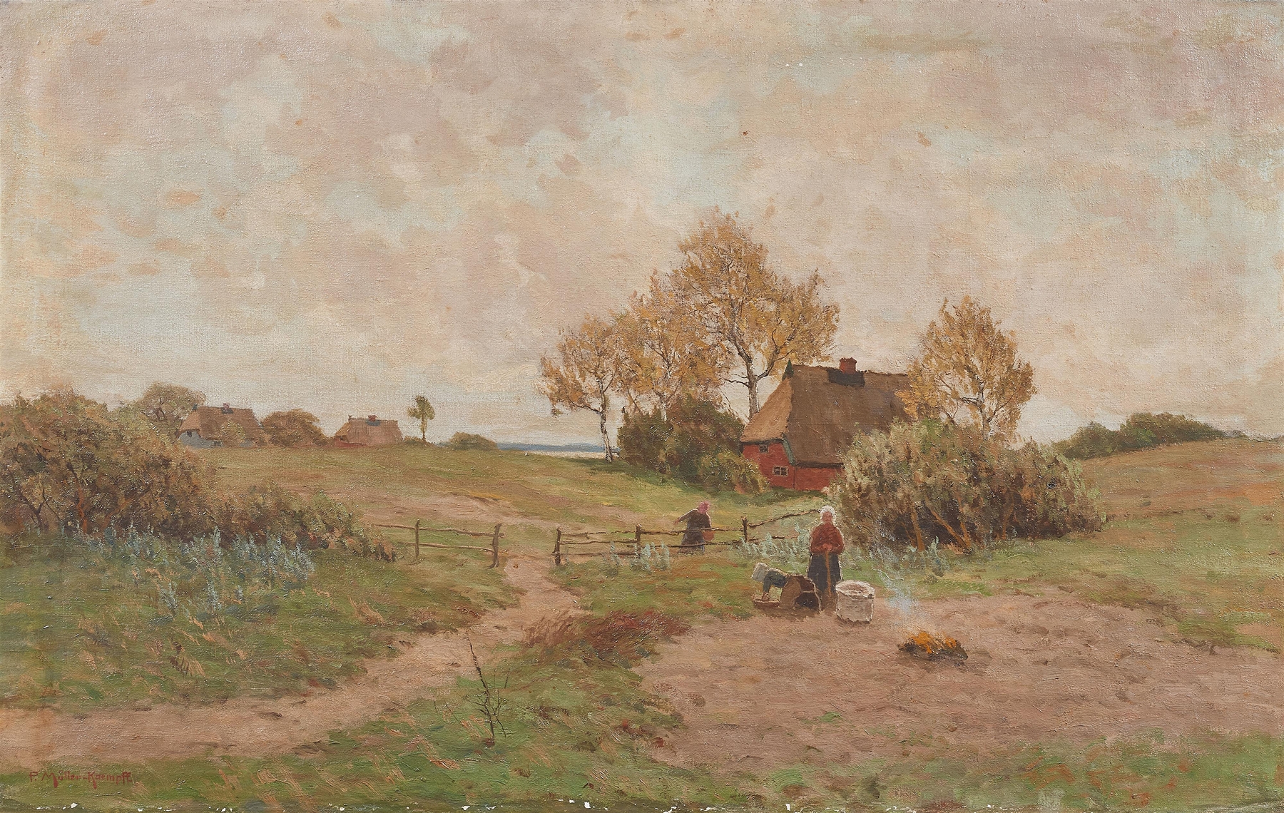 Landschaft mit Kartoffelfeuer by Paul Müller-Kaempff, impressionism, depicting a rural landscape with figures around a fire.