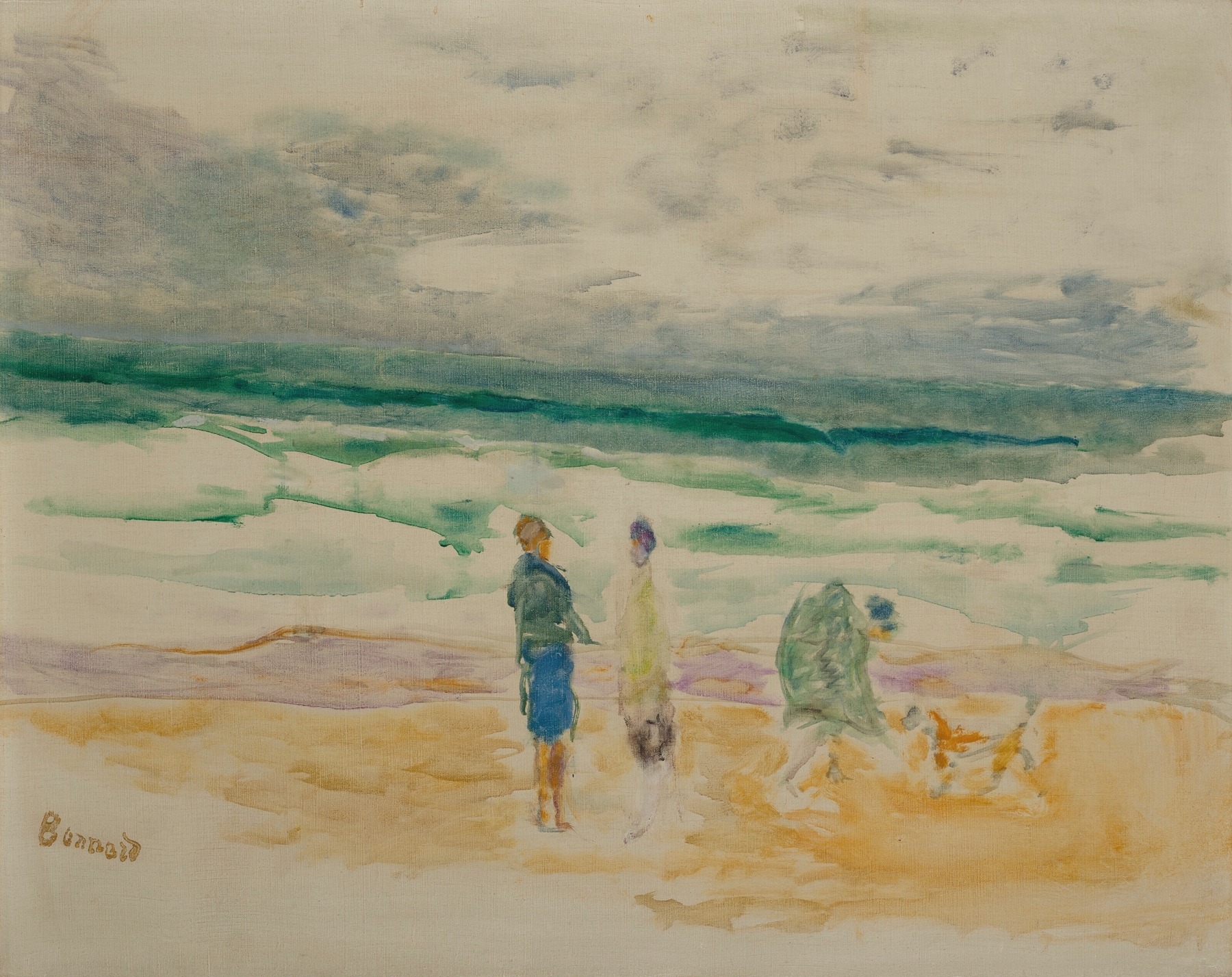 La plage. Trois personnages et un chien by Pierre Bonnard, oil on canvas, three figures and a dog on the beach.