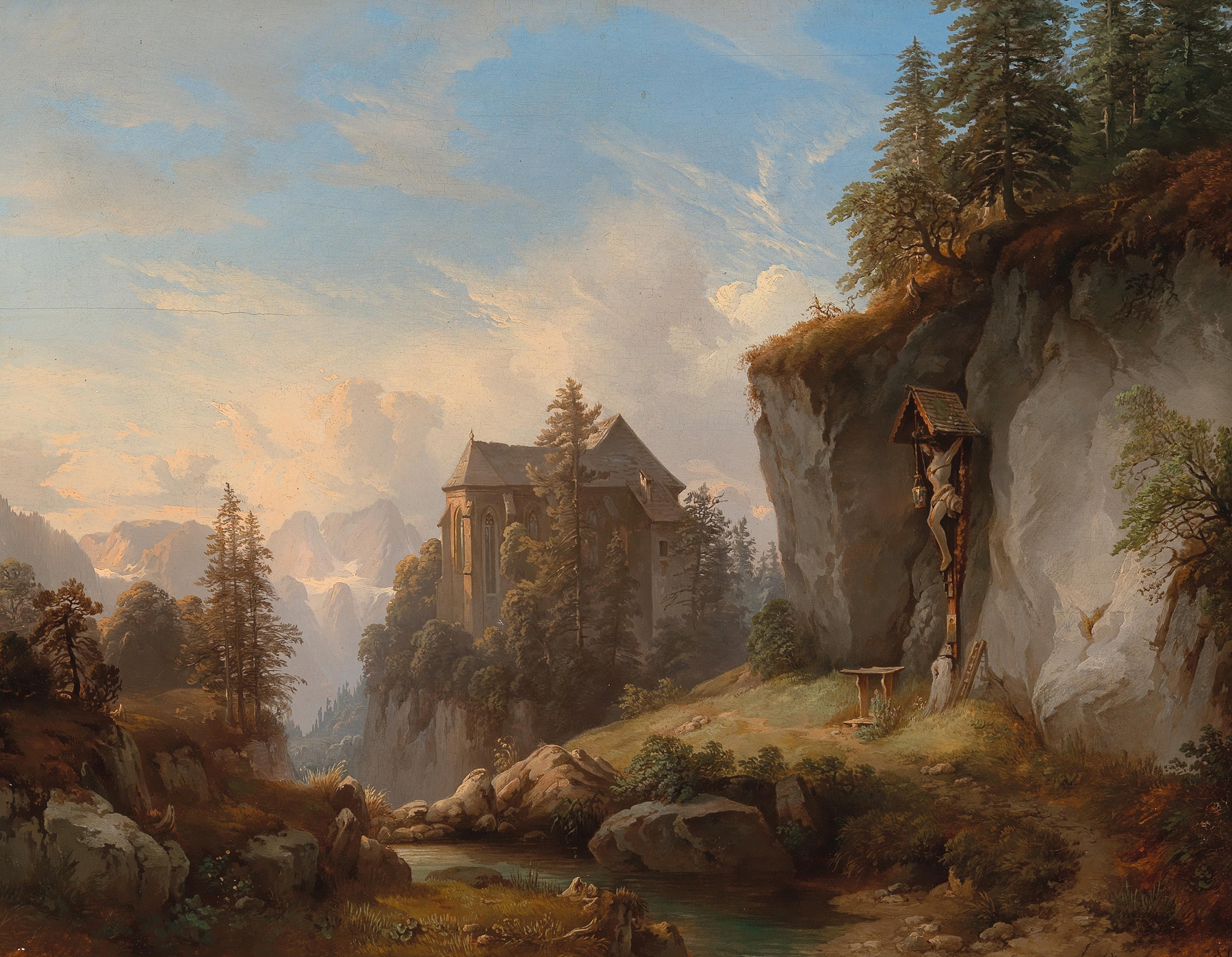 A mountain landscape with a chapel and wayside shrine, oil painting by Franz Barbarini