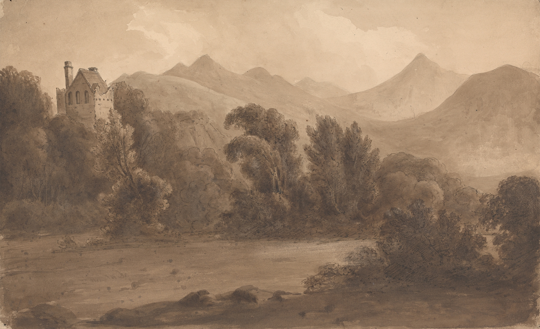Dunloh Castle in twilight, oil painting by Isaac Weld, showcasing shadows and ancient architecture.