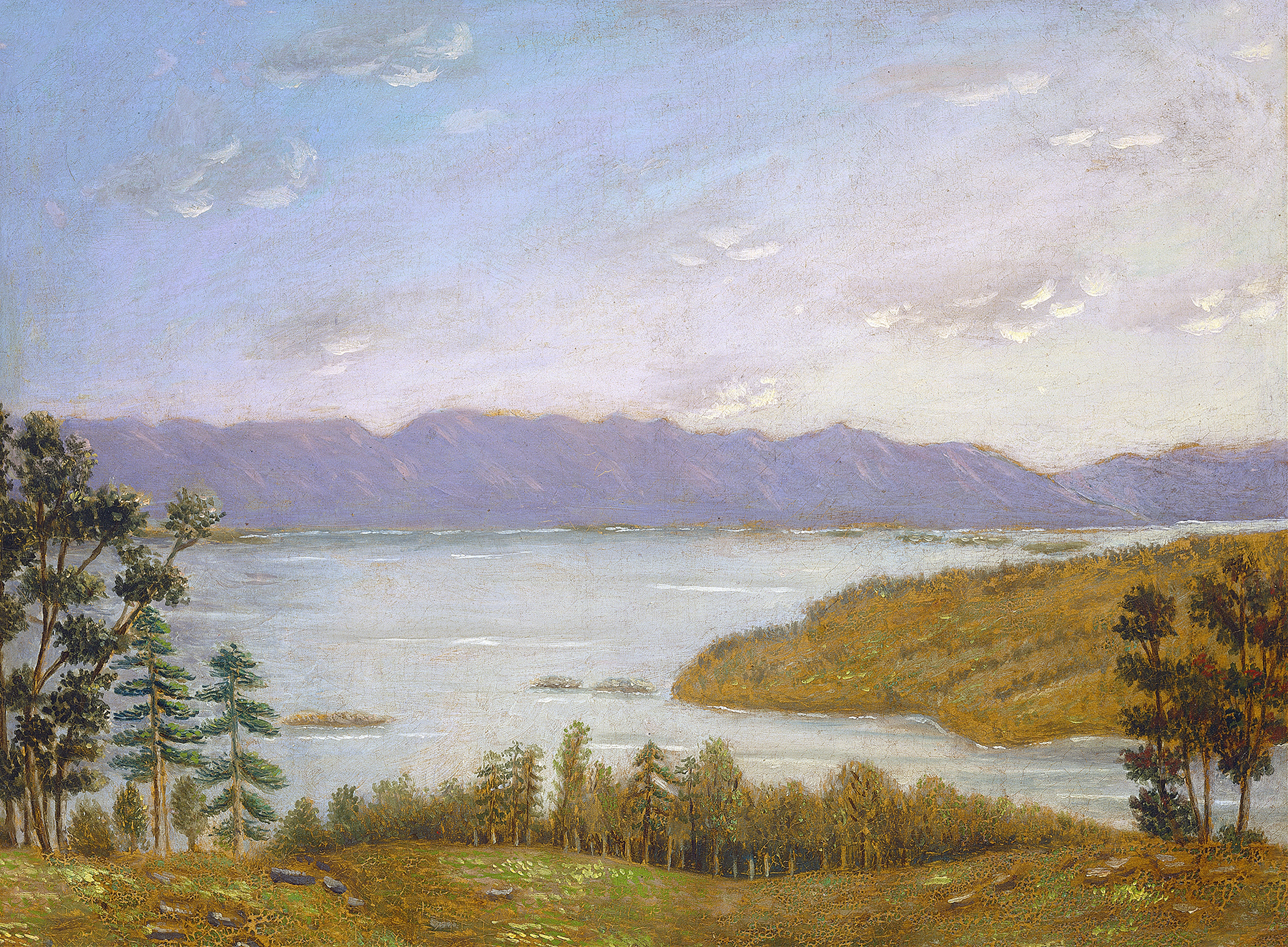 Leverett Pond by Erastus Salisbury Field, oil on canvas depicting a tranquil landscape