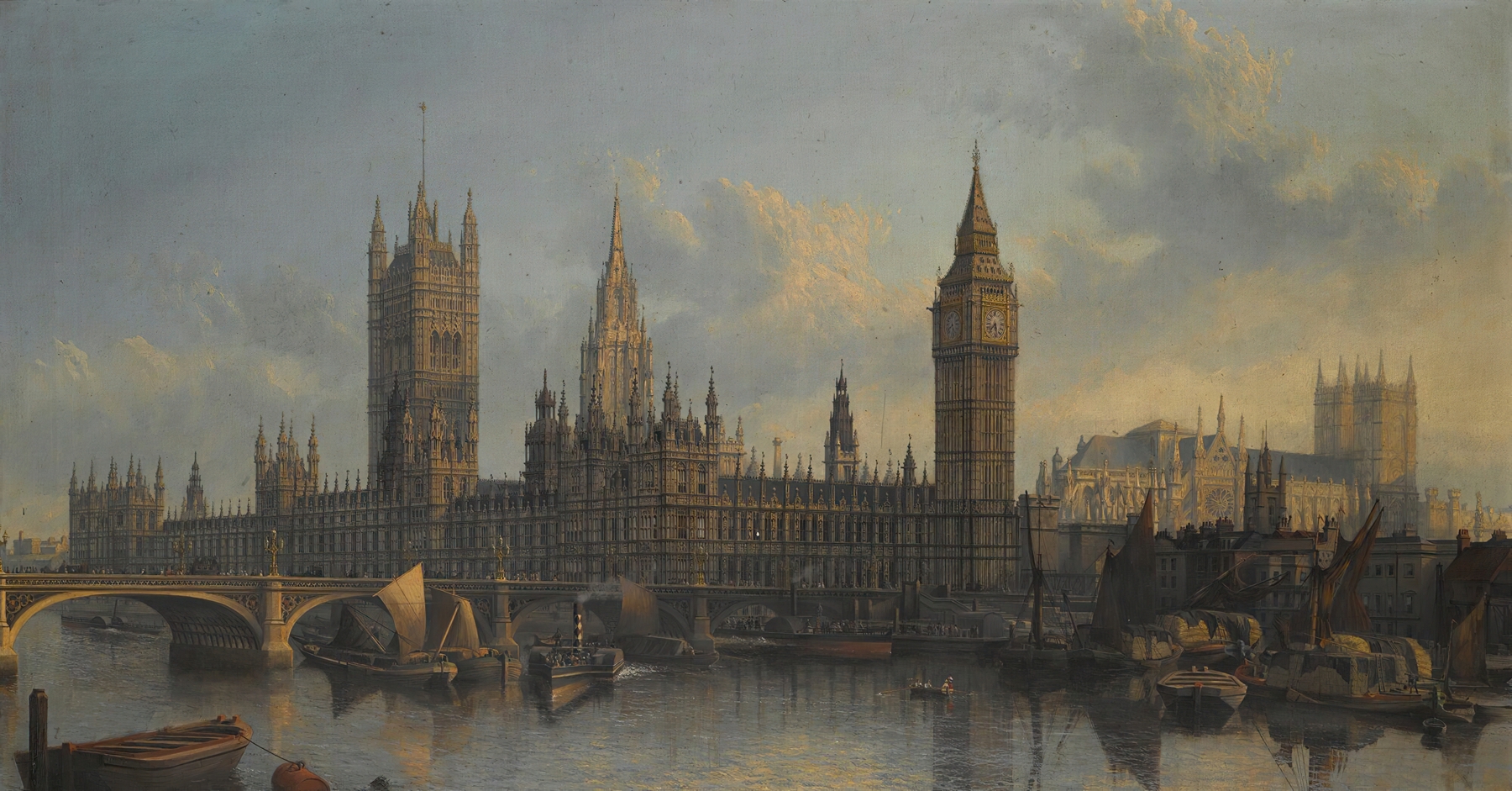 The Palace Of Westminster from the Thames, Victorian oil painting by John MacVicar Anderson