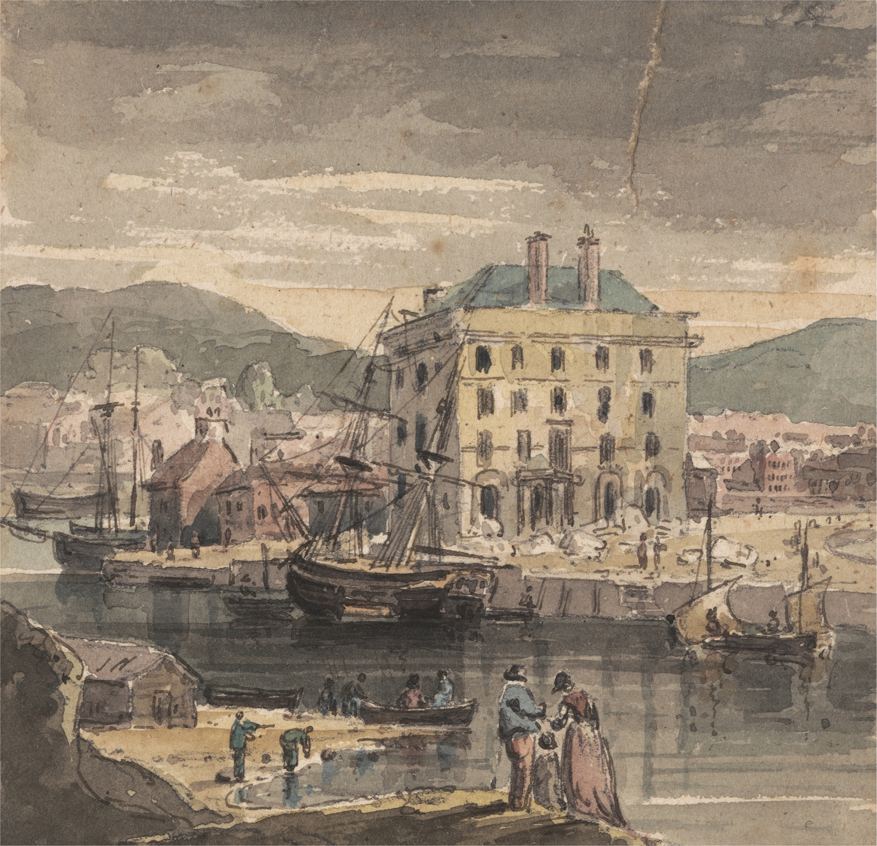 Weymouth harbor scene with figures and shipping, oil painting by John Henderson
