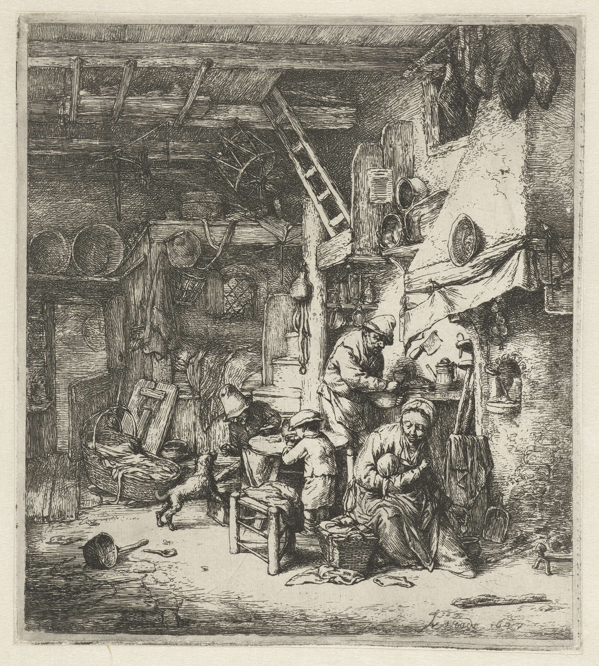 Etching by Adriaen van Ostade depicting a peasant family around a table in warm light.