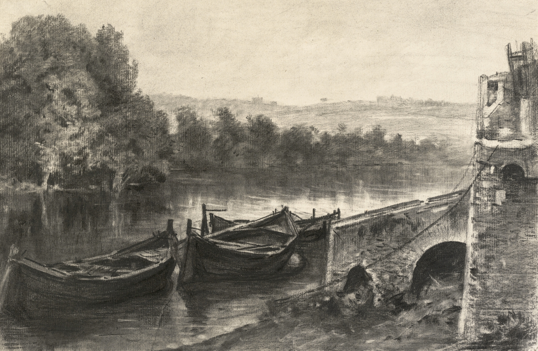 Boats by a Stone River Landing, oil painting by Maxime Lalanne