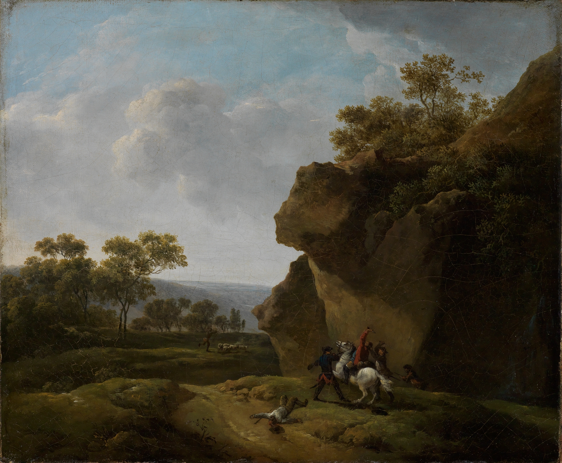 Landschaft mit einem Überfall by Georg Friedrich Meyer, oil painting depicting a serene landscape.