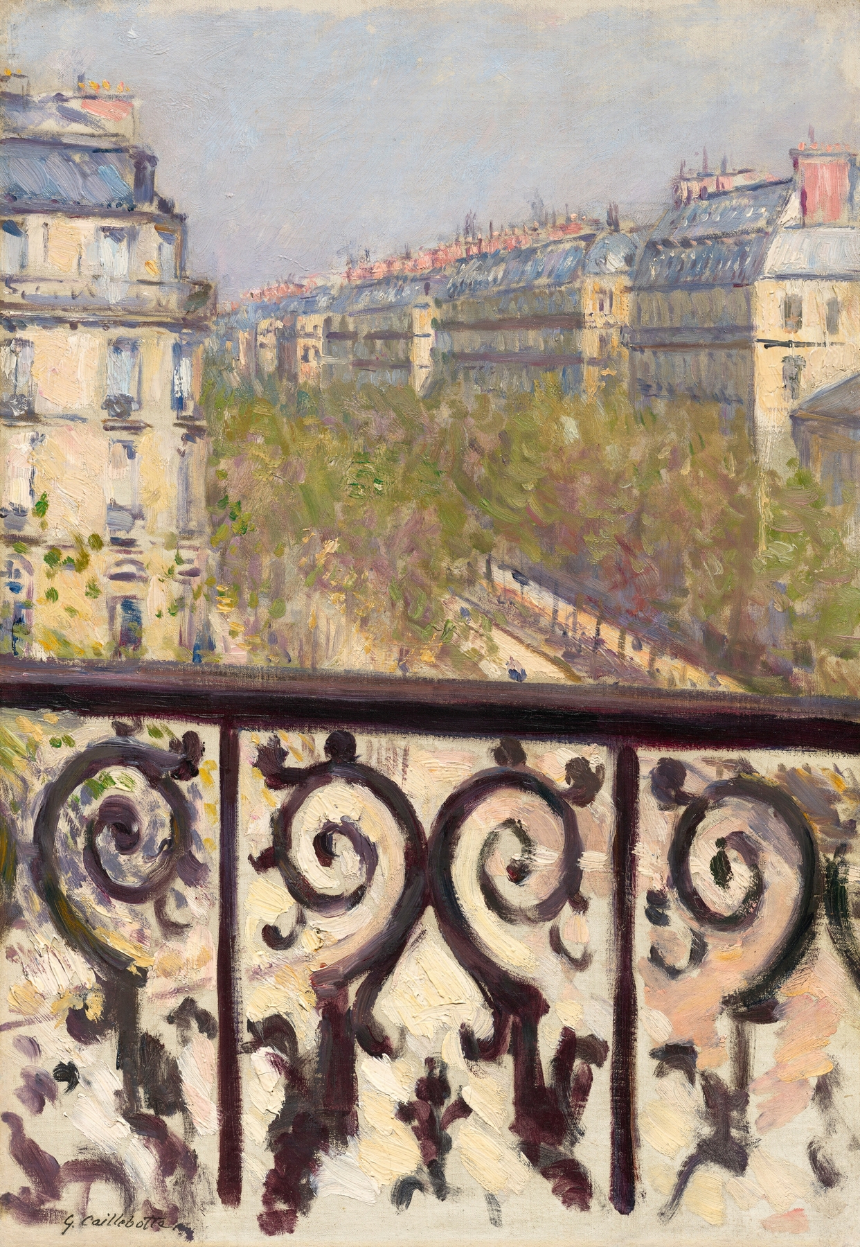 Un Balcon, Boulevard Haussmann, by Gustave Caillebotte, public domain
