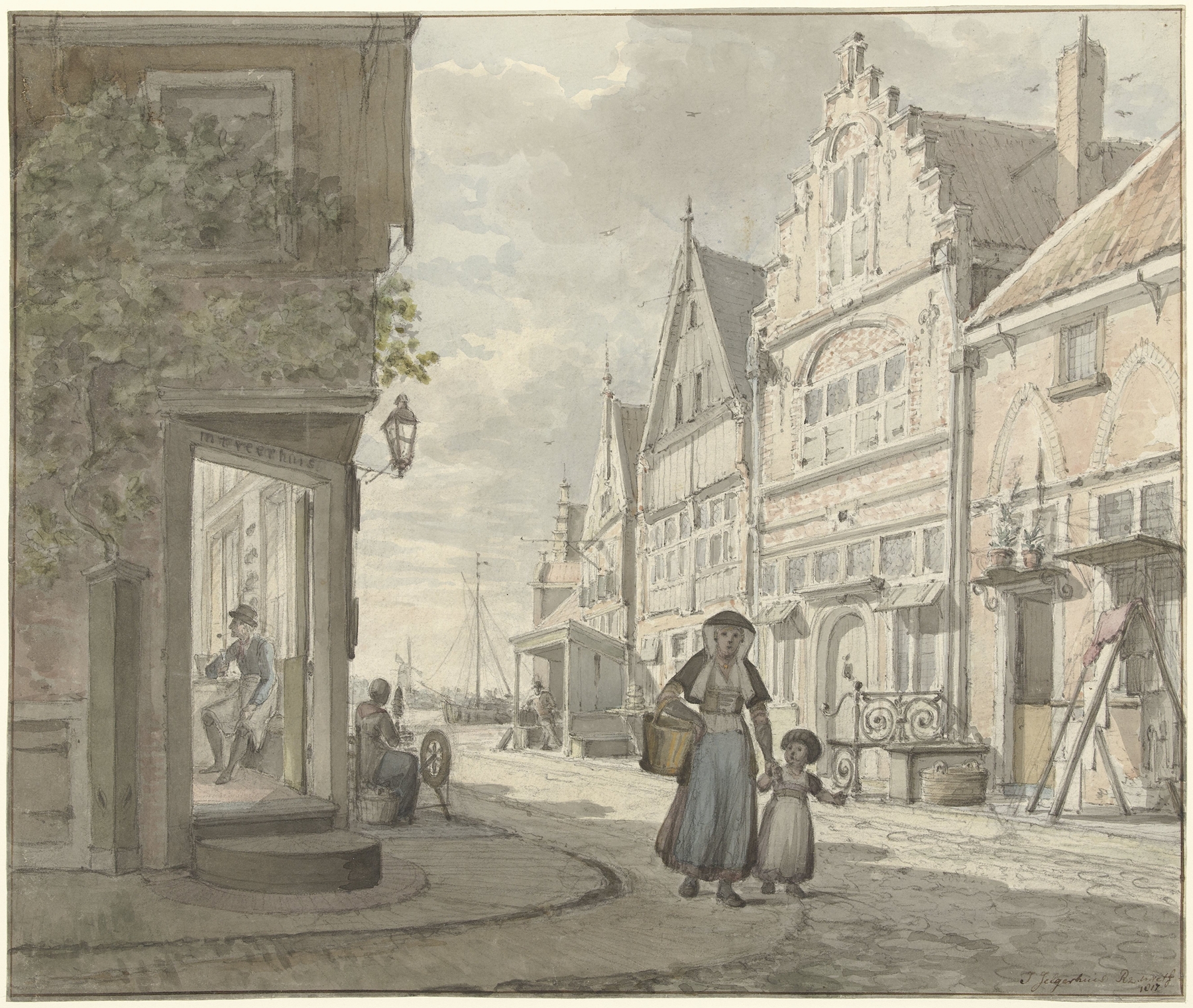 Genre scene depicting a mother and child walking in a village street, by Johannes Jelgerhuis.