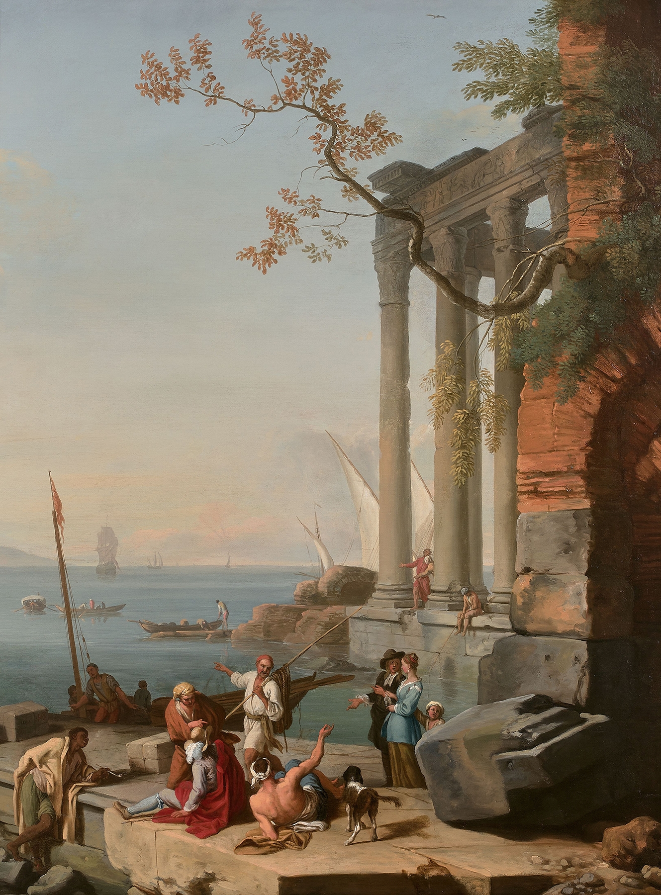 Rococo oil painting by Adrien Manglard depicting a lively Mediterranean seascape.