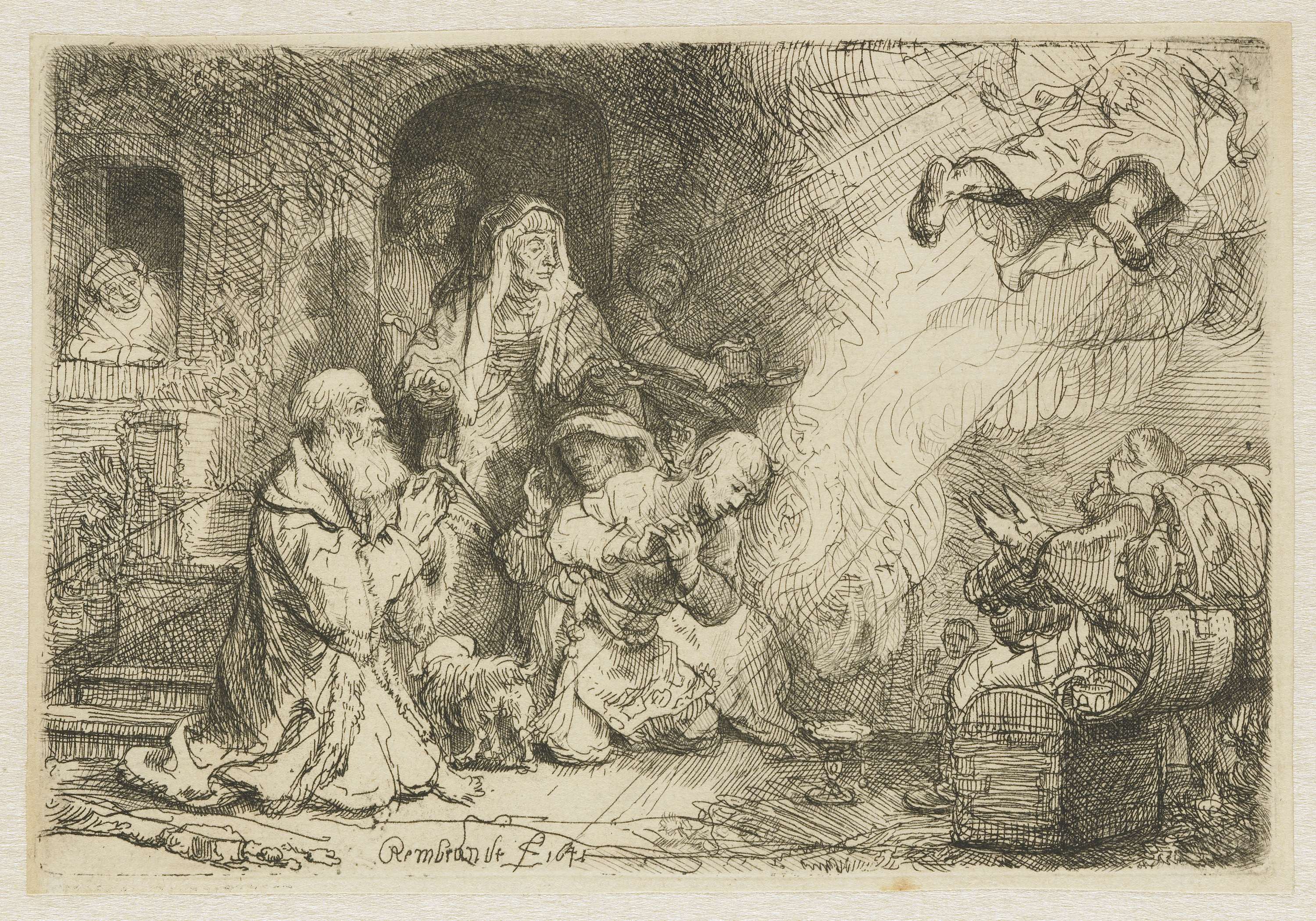 Etching by Rembrandt van Rijn depicting Tobias and an angel in a farewell scene.
