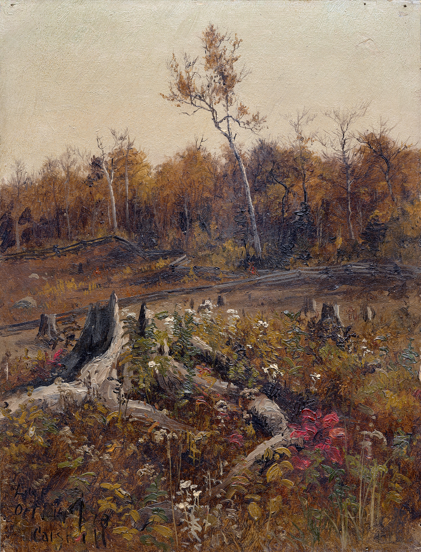 Landscape by Lockwood de Forest, oil on canvas depicting a tranquil horizon with golden light.