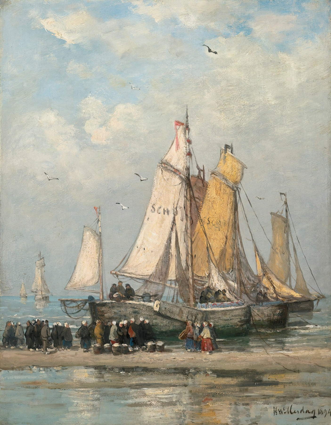 The Return Of The Fishing Fleet On Scheveningen Beach, by Hendrik Willem Mesdag, public domain