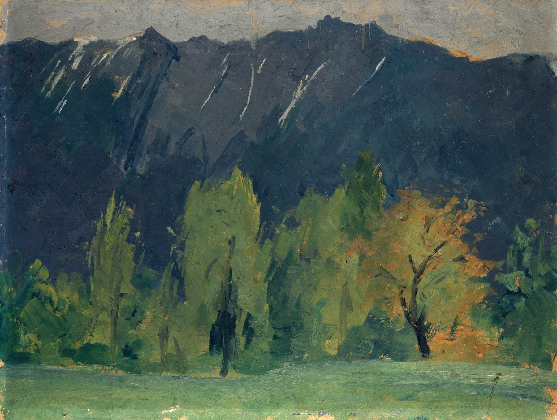 Mountain Landscape by Ernst Schiess, oil painting depicting majestic mountains at dawn.