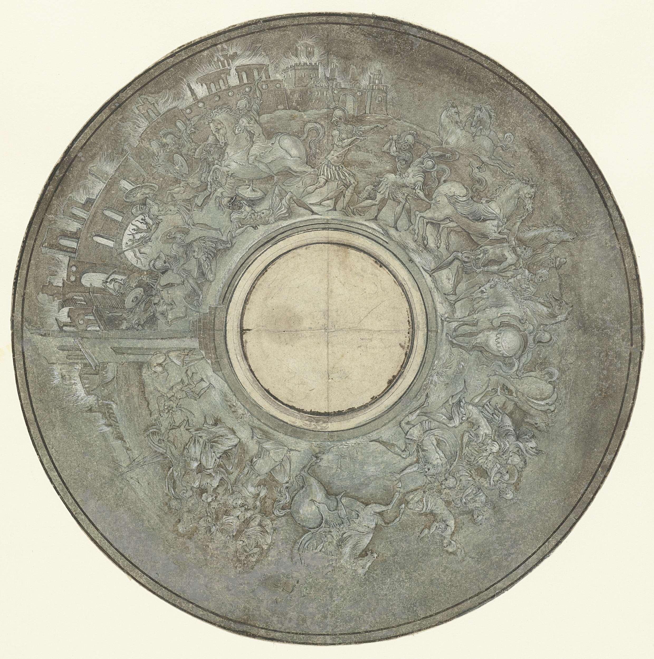 Engraving by Etienne Delaune depicting a tazza and the Trojan War