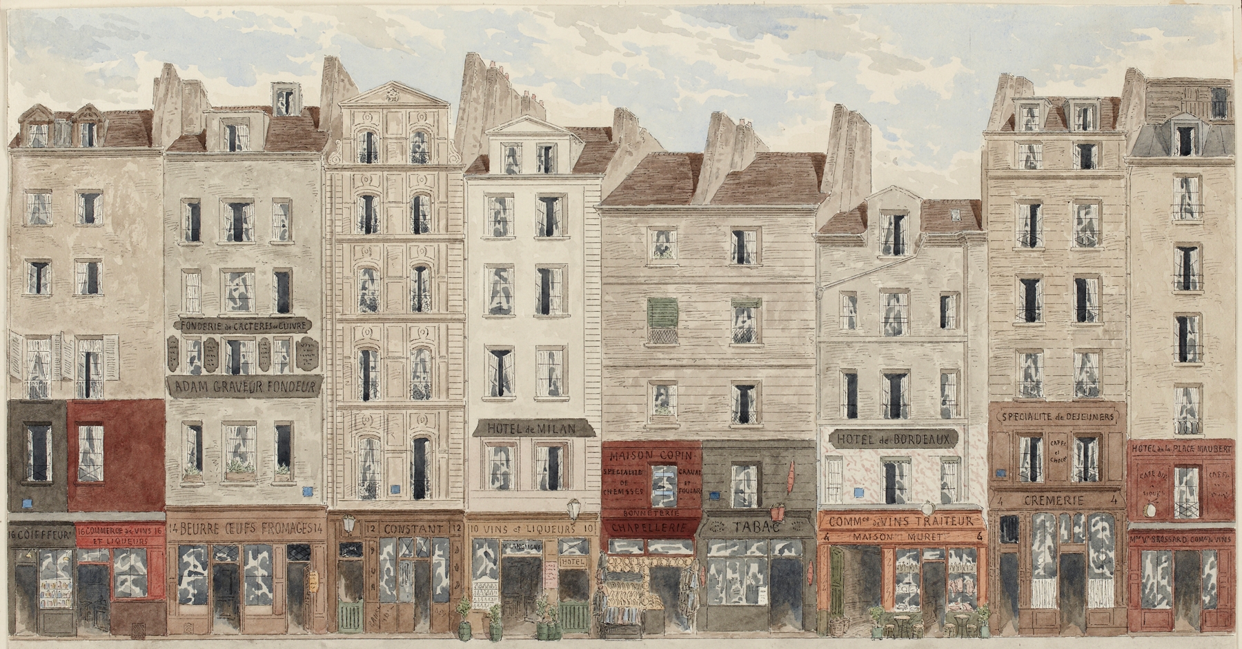 Rue Galande Nº2 à 16 by Jules Gaildrau, oil on canvas depicting chaotic urban landscape.