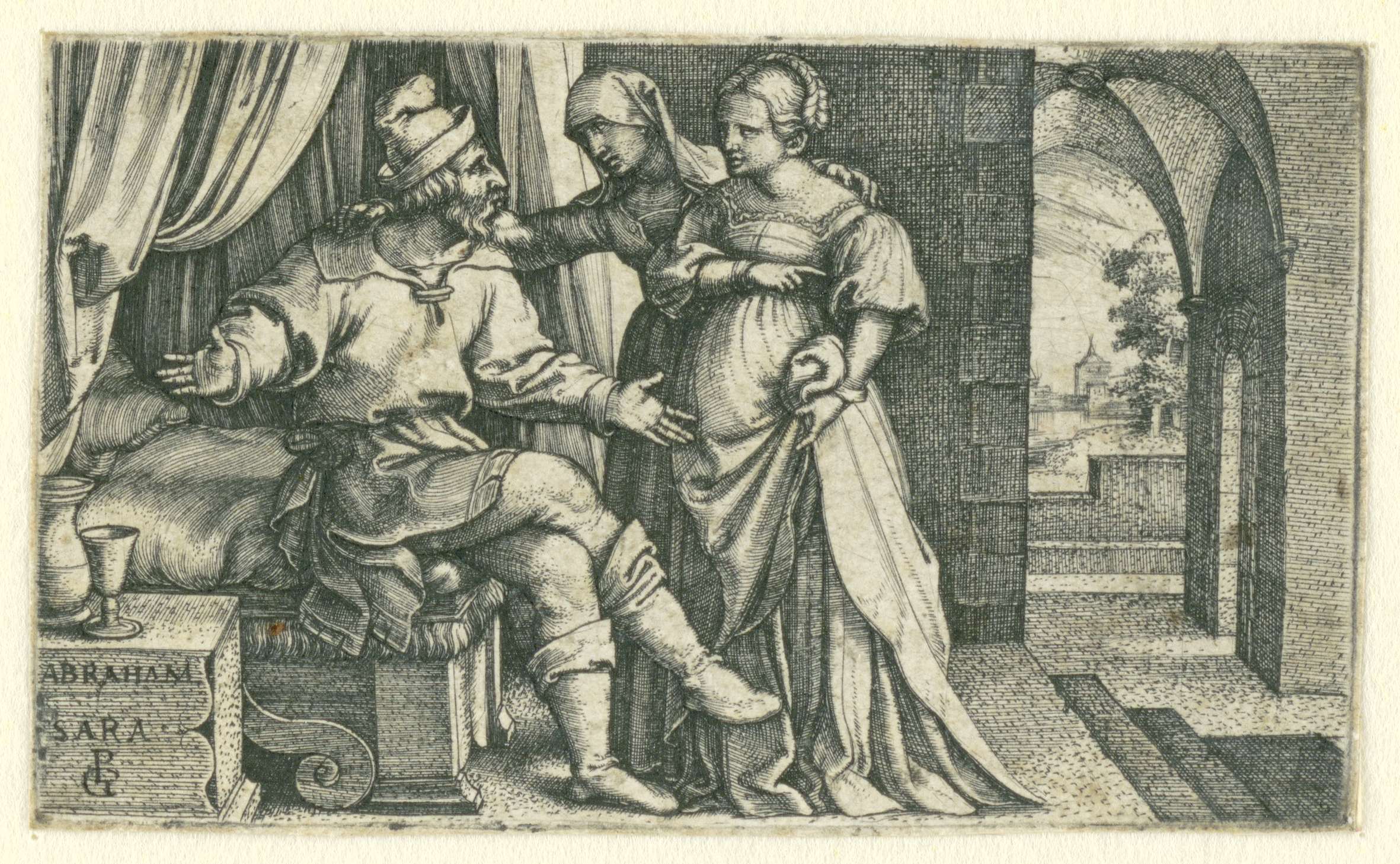 Engraving by Georg Pencz depicting Sara introducing Hagar to Abraham.
