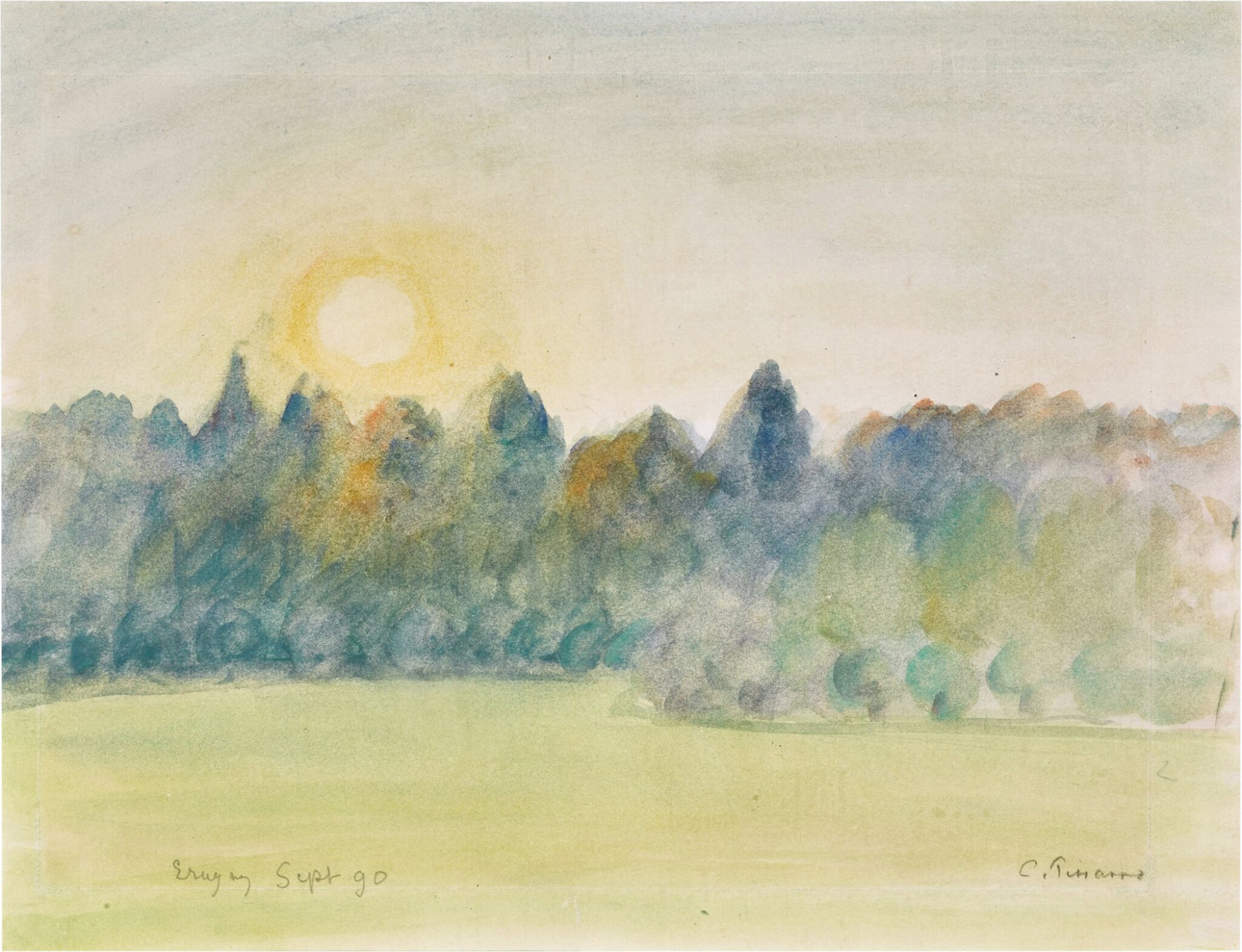 Eragny by Camille Pissarro, oil painting depicting a rural landscape with dappled light.