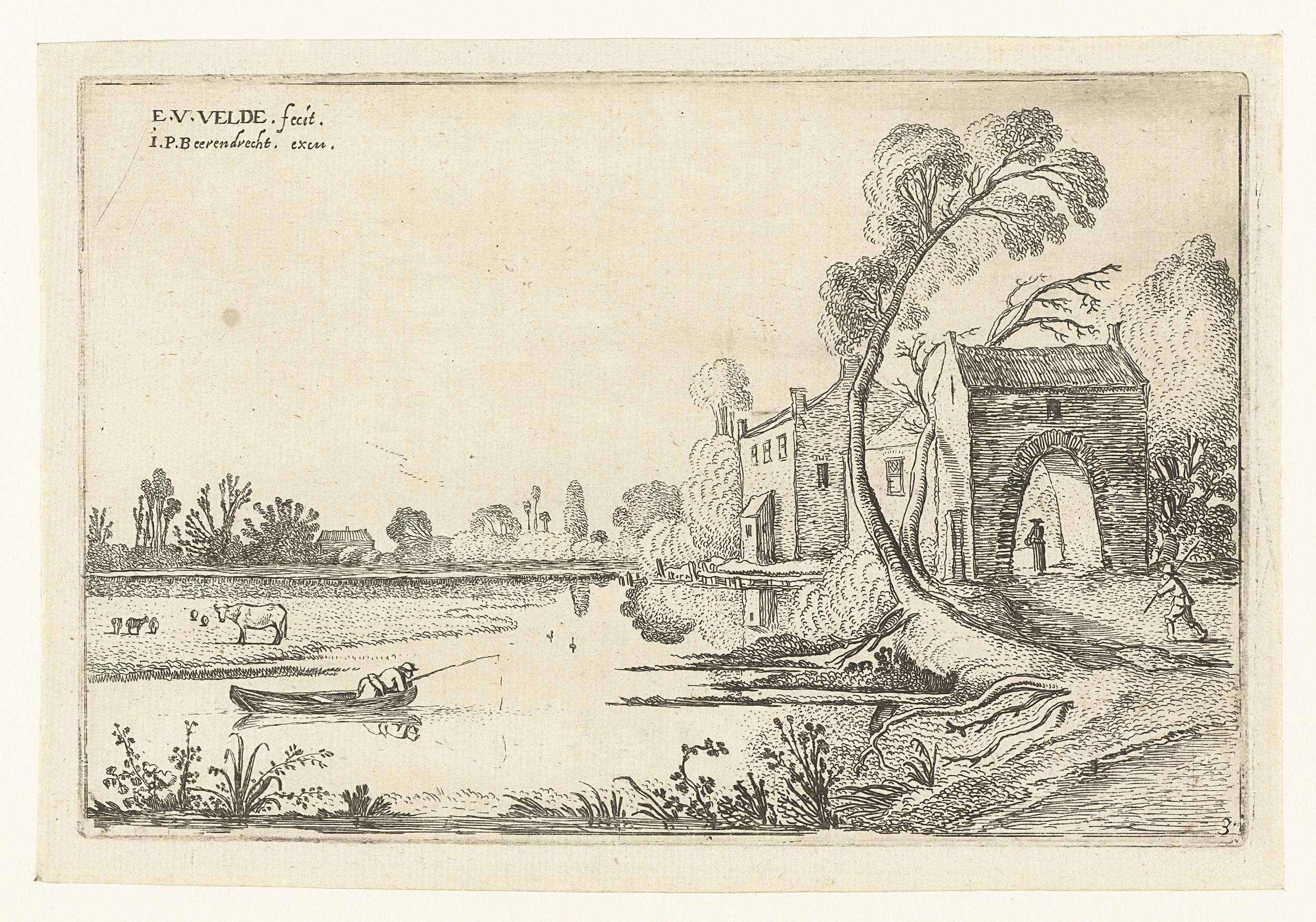 Landschap met een rivier en poortgebouw, by Esaias van de Velde, public domain
