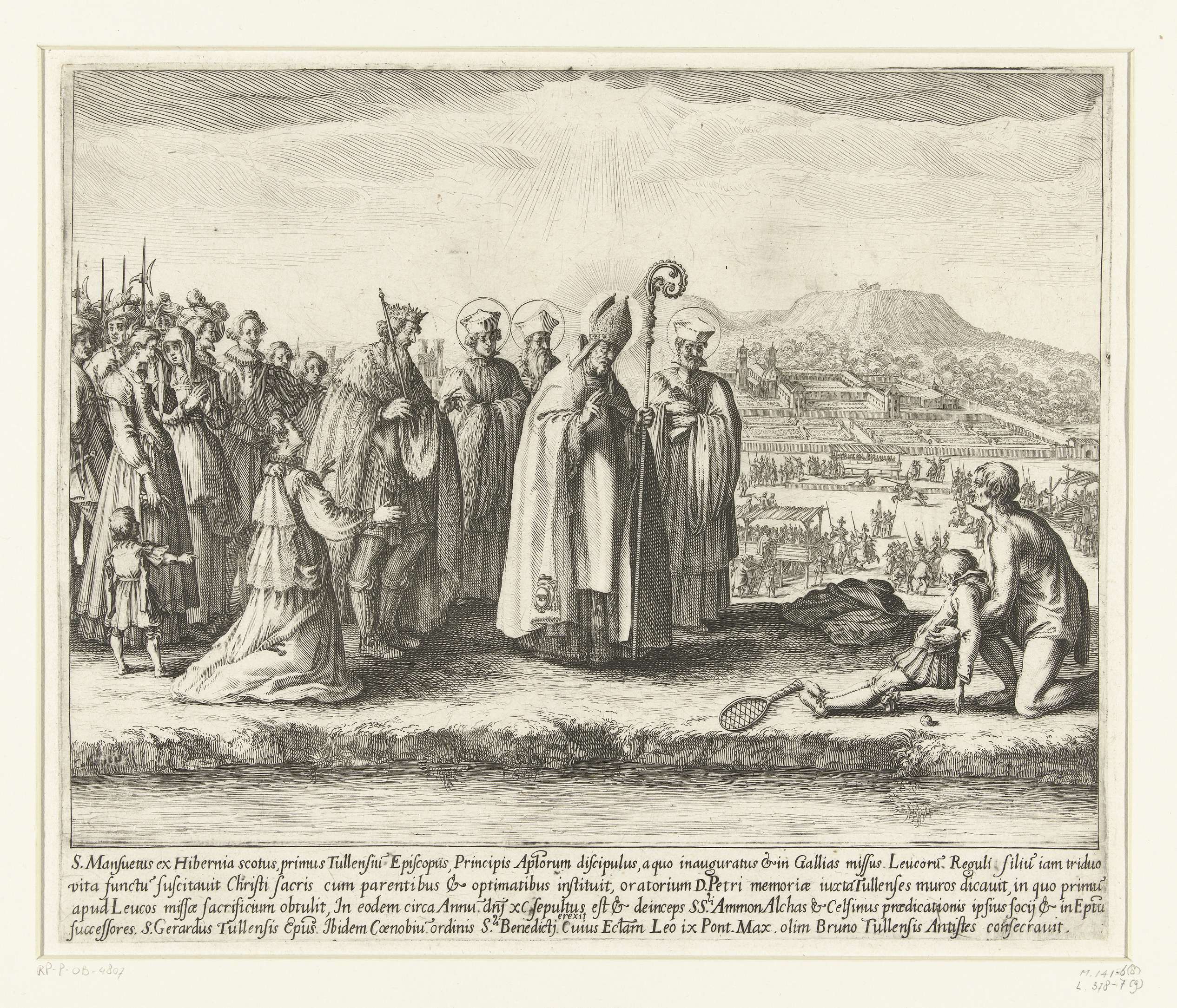 Saint Mansuetus resurrects the son of King Leucorus, etching by Jacques Callot