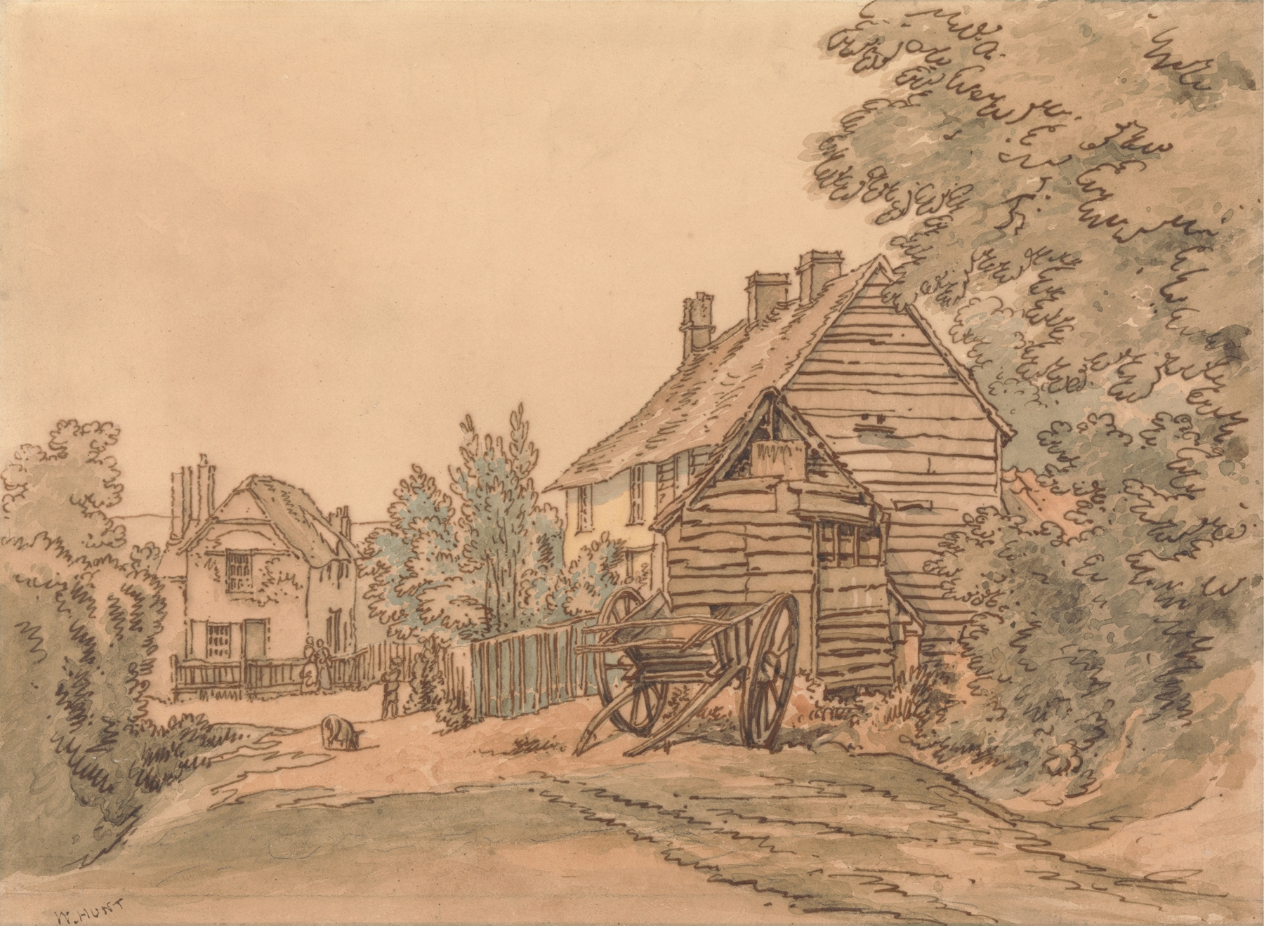 Landscape depicting a village street with cottages, oil painting by William Henry Hunt