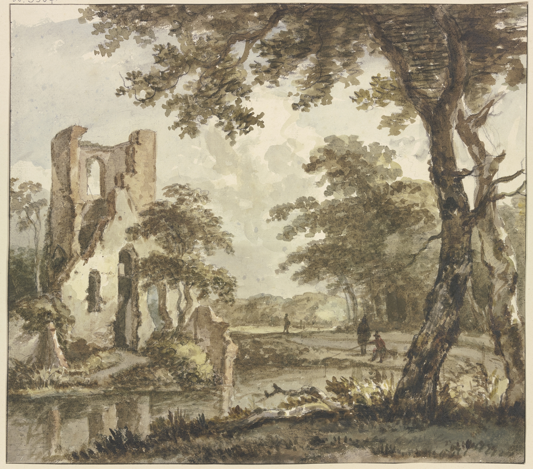 Links am Wasser eine Ruine, rechts ein Angler und zwei weitere Figuren, by Jan Hulswit, public domain