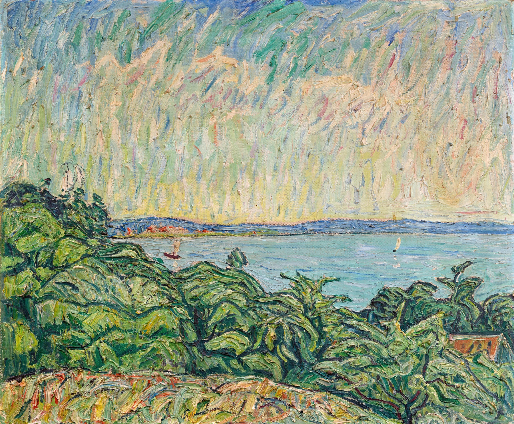 Schwielowsee by Theo Von Brockhusen, oil on canvas depicting a serene lake at sunset.