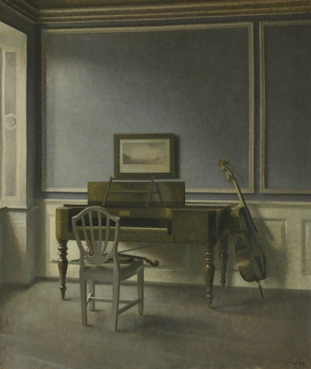 Interior scene with sunlight and dust motes, oil on canvas by Vilhelm Hammershøi