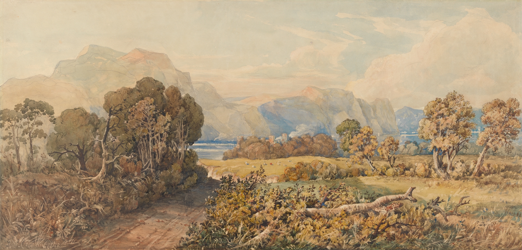 Landscape with River and Mountains by John Joseph Cotman, oil painting depicting a river and distant mountains.