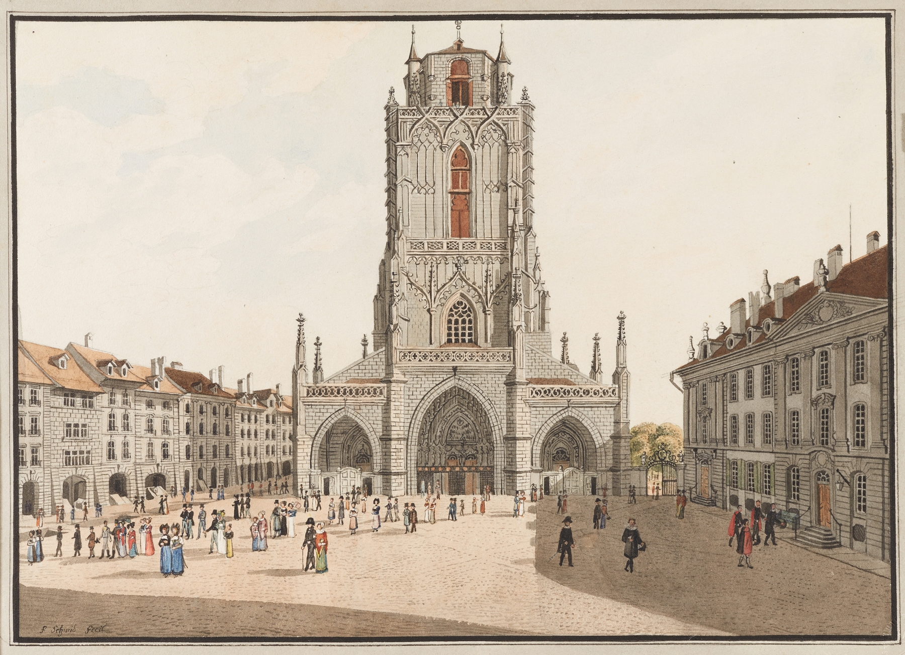 L’église Cathedrale à Berne by Franz Schmid, modernism, depicting a cathedral with spires