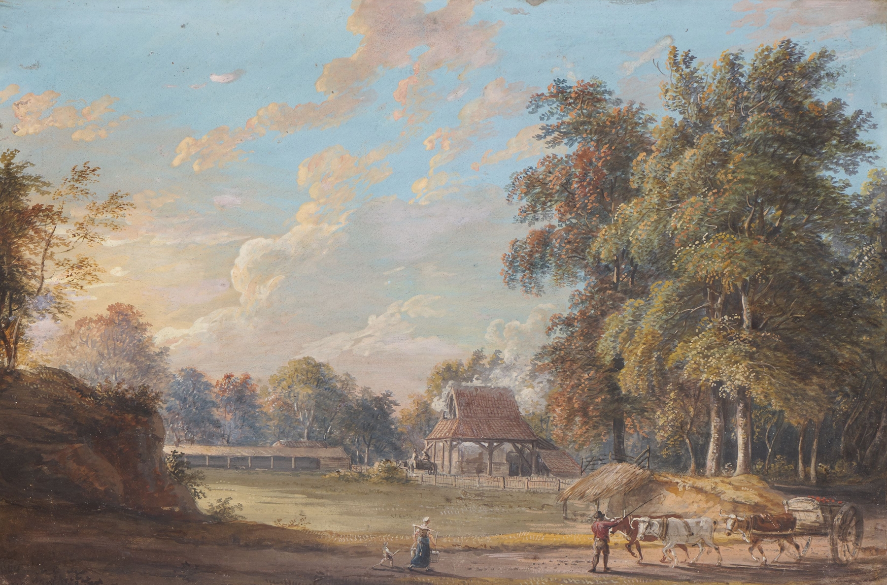Landscape with hills and trees under a blue sky by Paul Sandby, oil painting