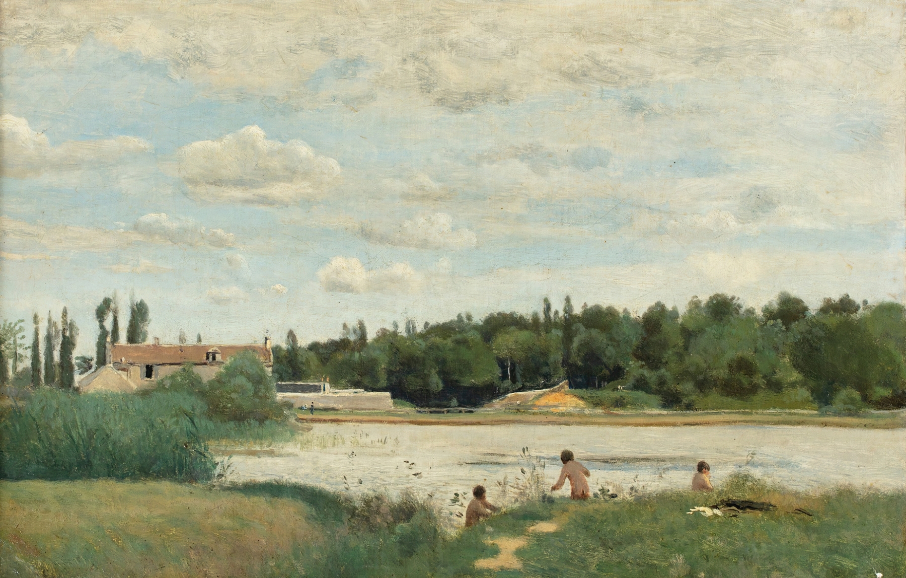 Nude figure in a bath, surrounded by water, by Jean-Baptiste-Camille Corot, oil painting