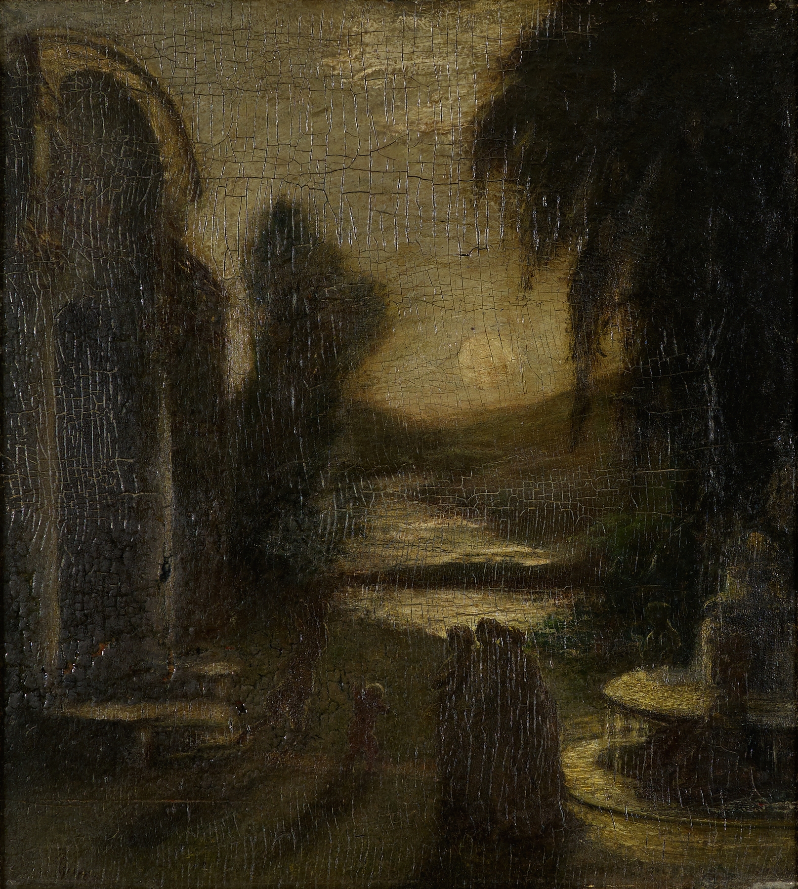 Abstract oil painting by Albert Pinkham Ryder featuring swirling forms and deep colors.
