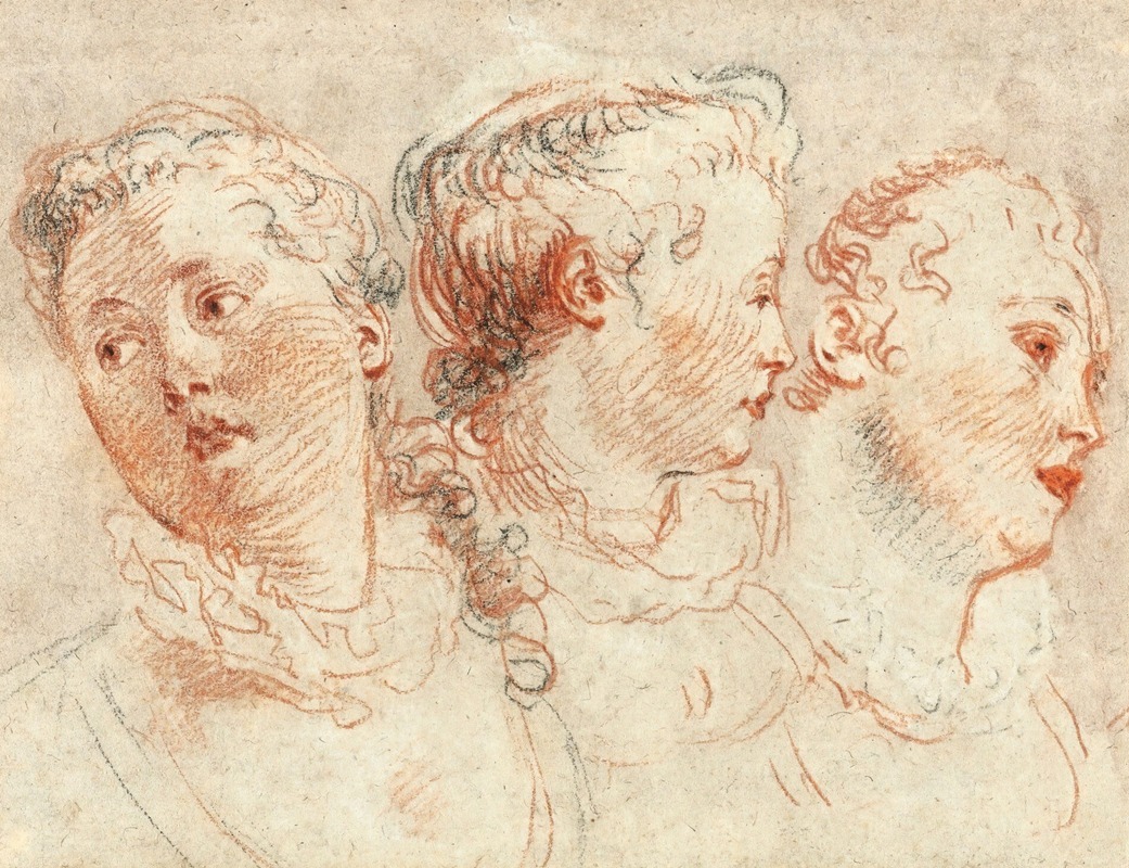 A painting featuring three studies of a woman's head by Jean-Antoine Watteau.