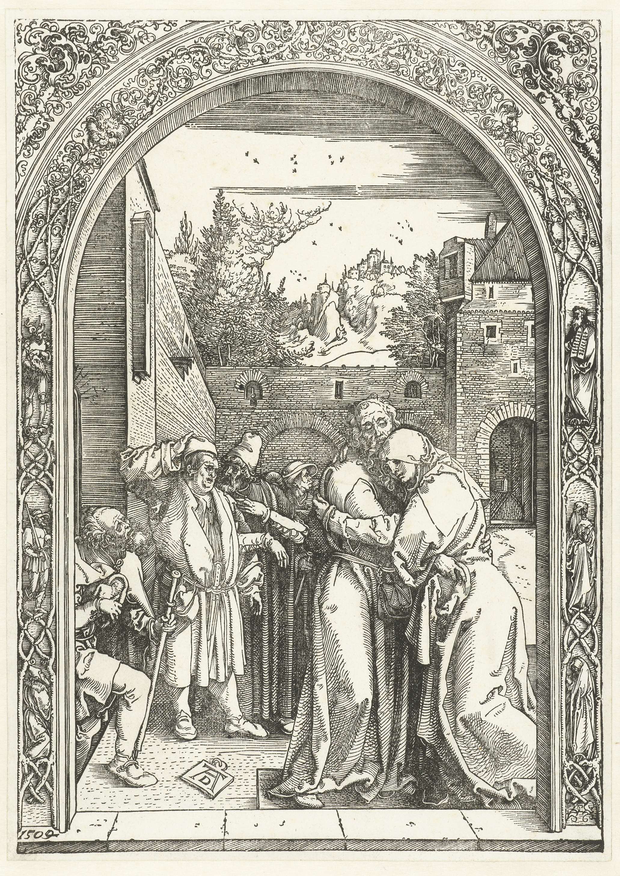De ontmoeting bij de Gouden Poort by Albrecht Dürer, paper artwork depicting figures and light