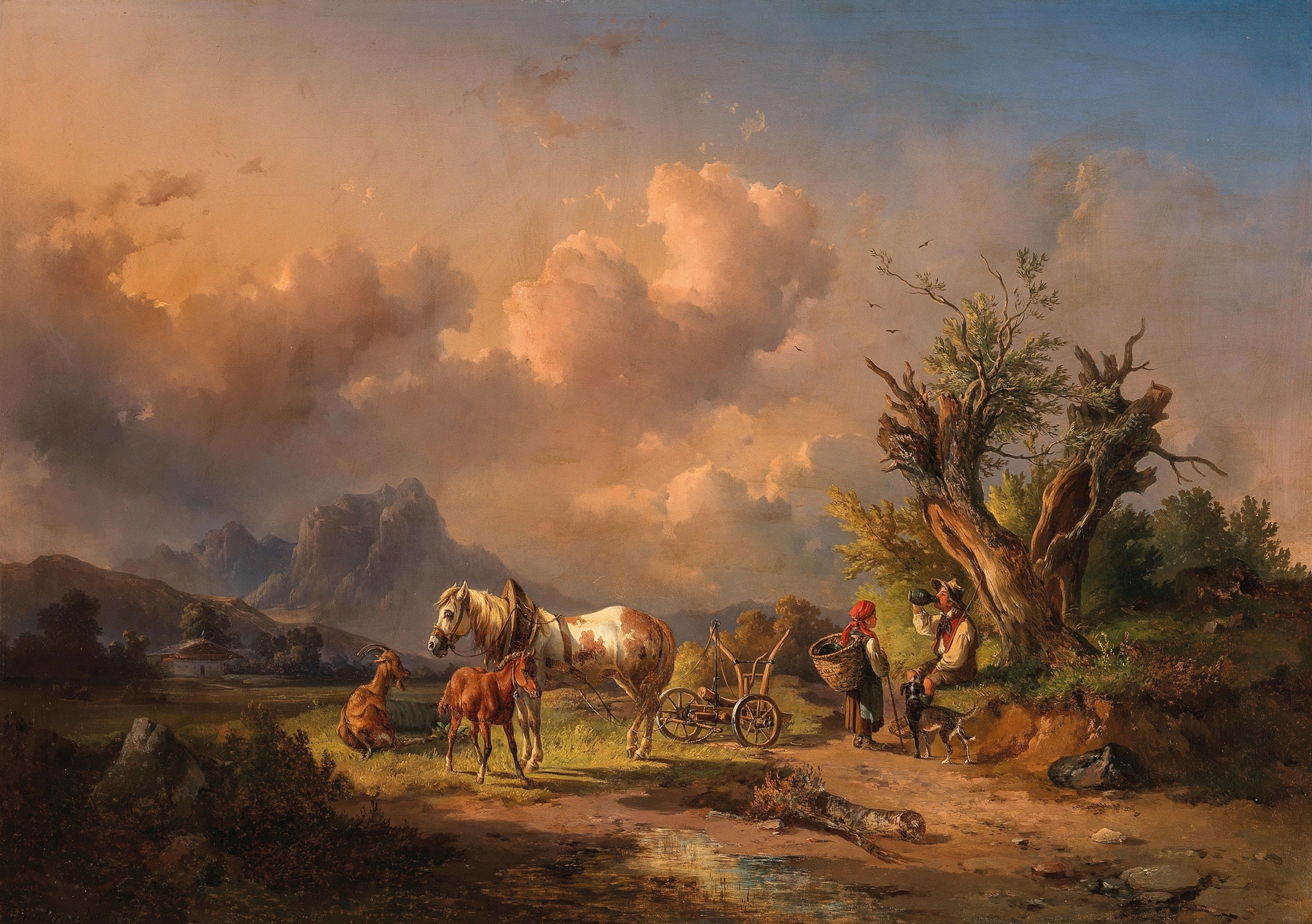 A peasant resting with grazing animals and a foal, oil on canvas by Edmund Mahlknecht
