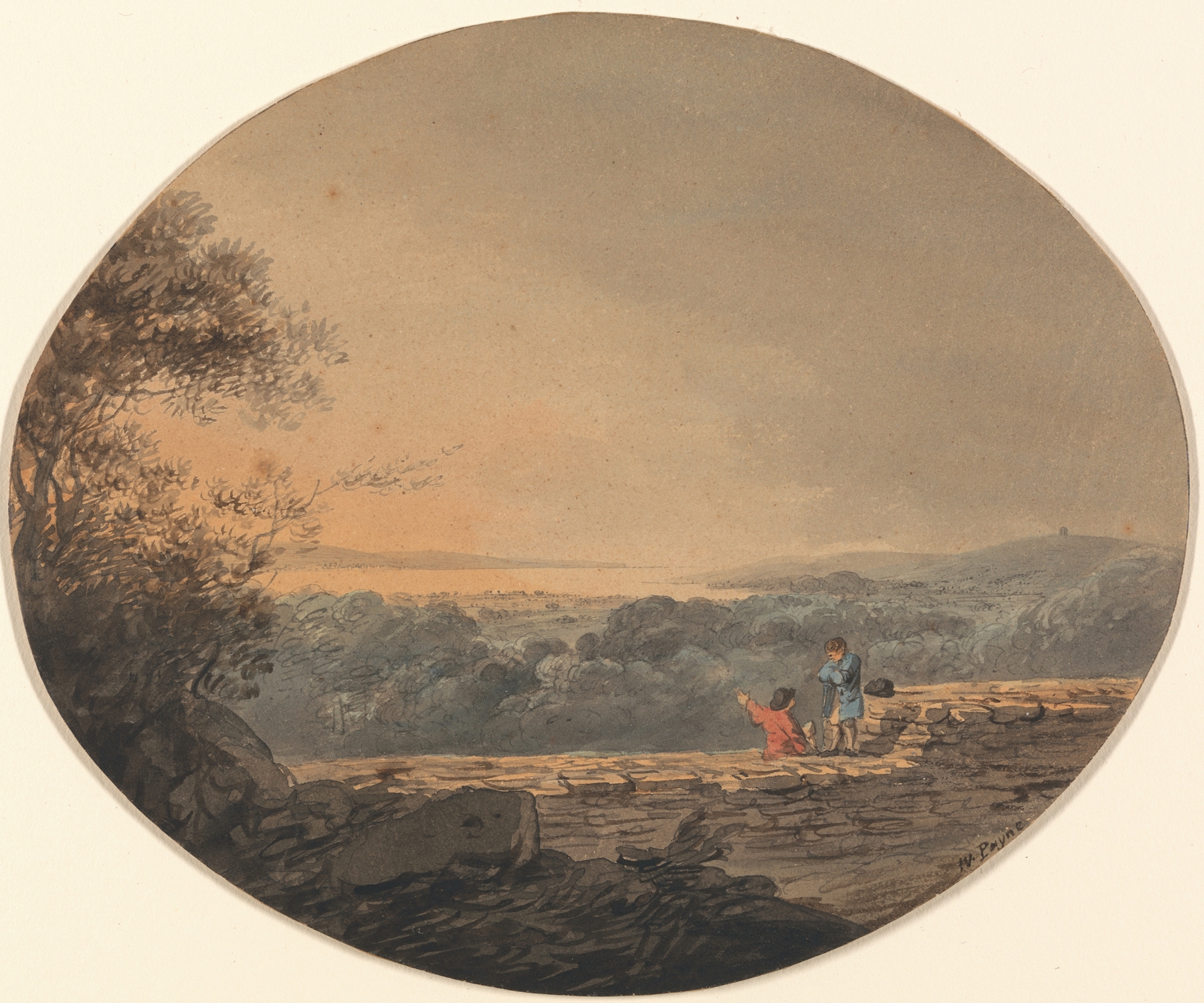 Watercolour by William Payne depicting a distant landscape with fields and horizon.