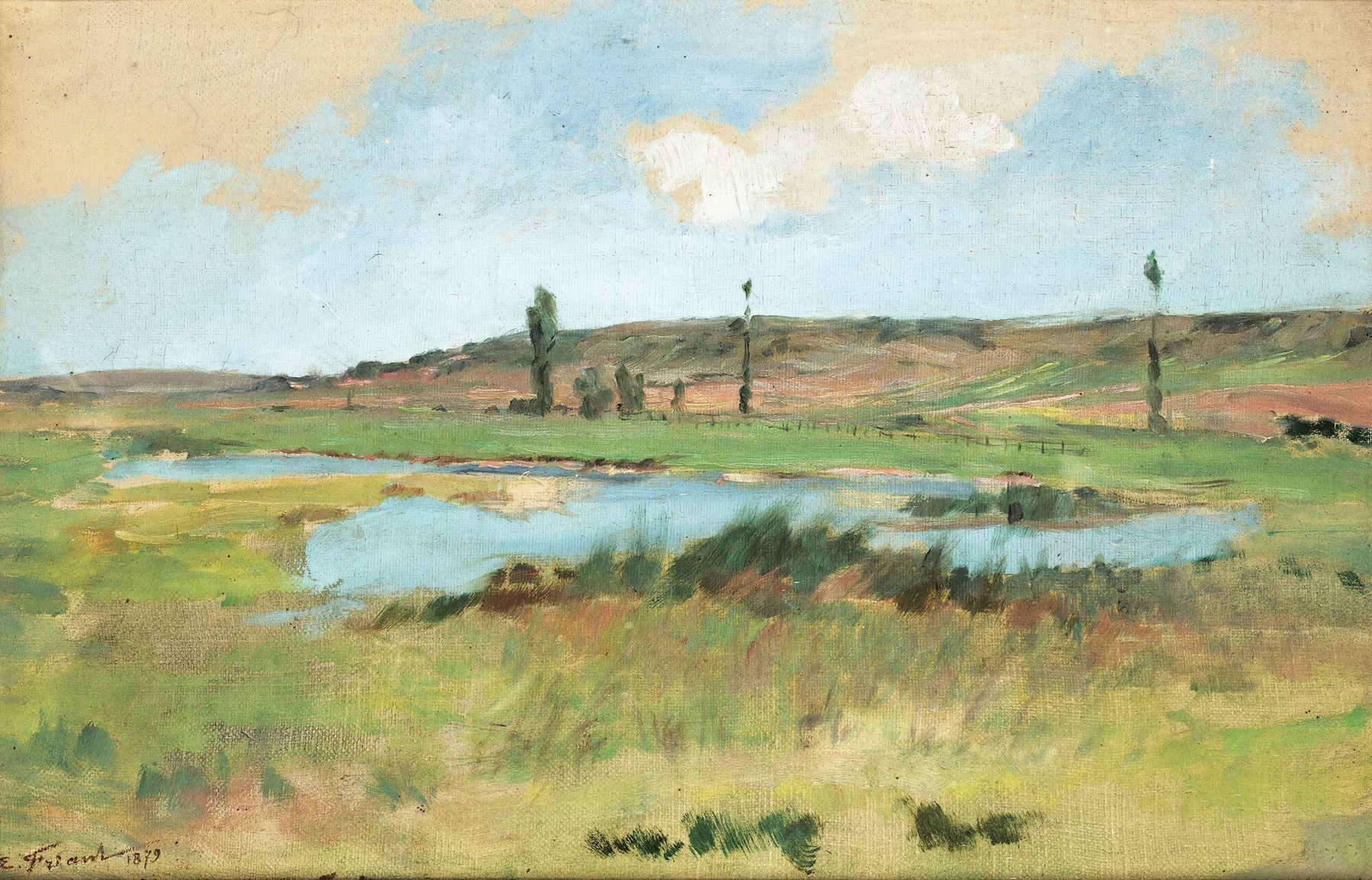 Landscape With A Pond by Émile Friant, oil painting depicting a tranquil pond reflecting the horizon.