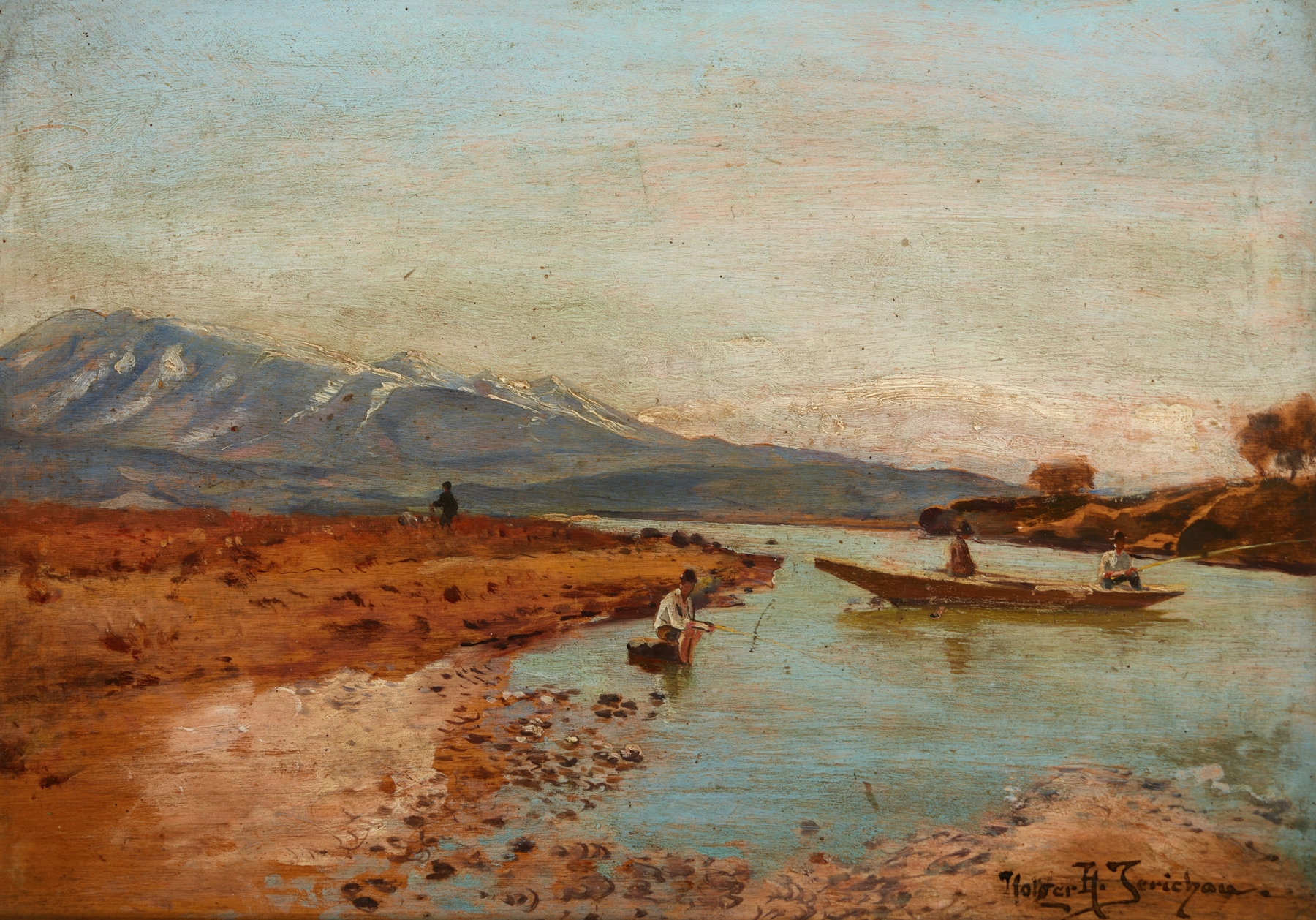 Oil painting by Holger Hvitfeldt Jerichau featuring a serene figure in a Norwegian landscape.