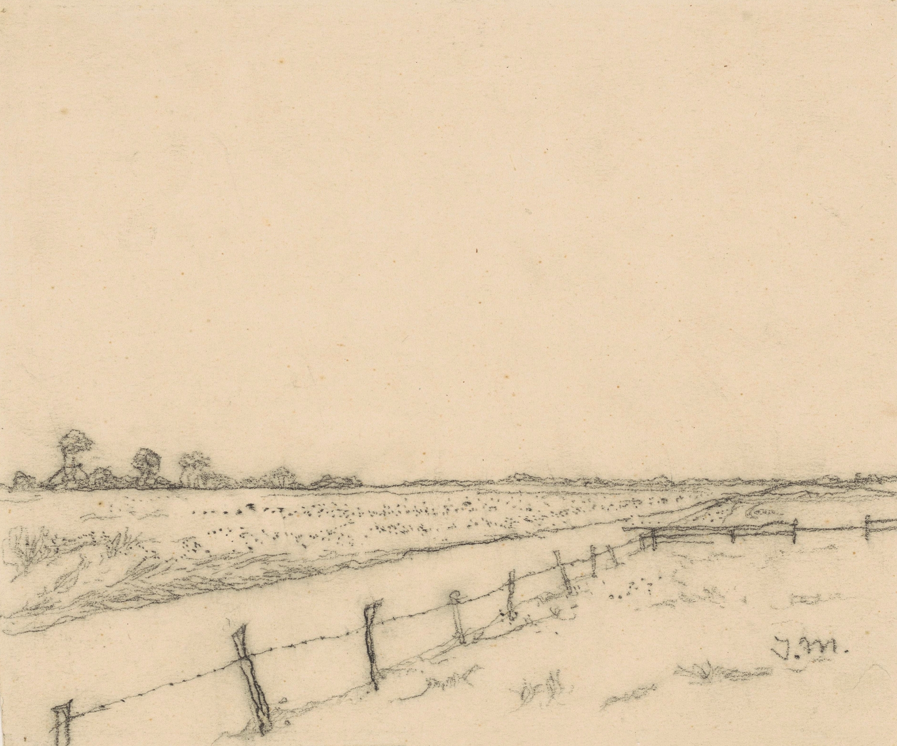 Landscape with a meadow and fence by Jan Mankes, oil painting