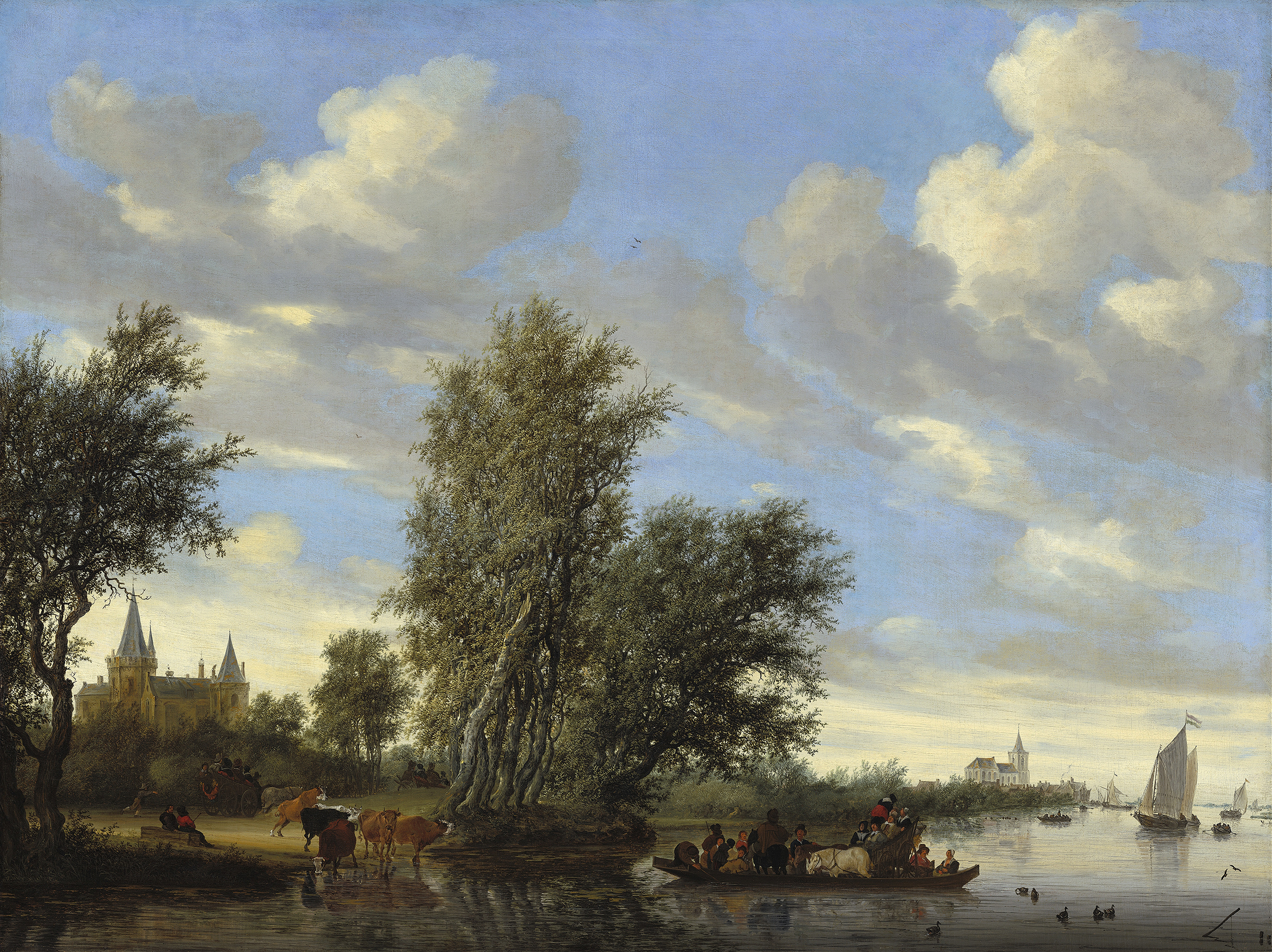 River Landscape with Ferry, by Jacob Salomonsz. van Ruysdael, public domain