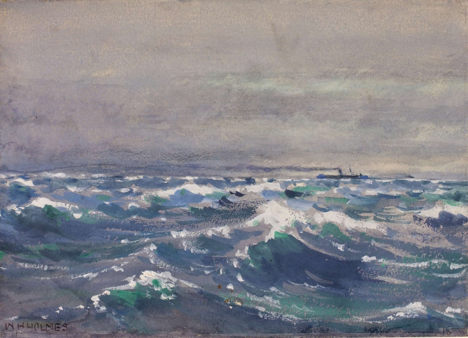 Oil painting by William Henry Holmes depicting a steamship on the ocean near Nova Scotia.