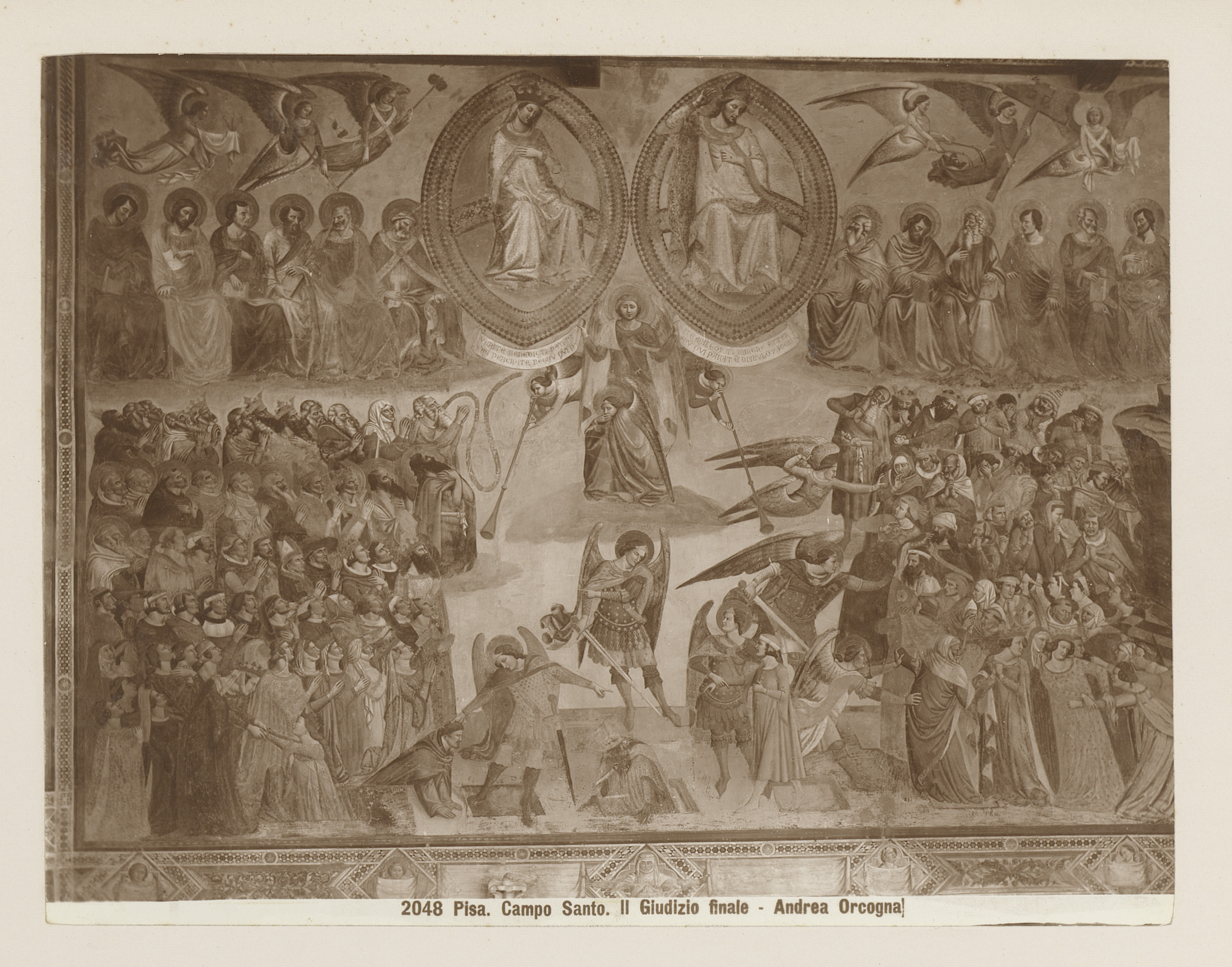 Fotoreproductie van het fresco Het laatste oordeel naar Andrea di Cione, genaamd Orcagna, in het Camposanto te Pisa, Italië, by Giacomo Brogi, public domain