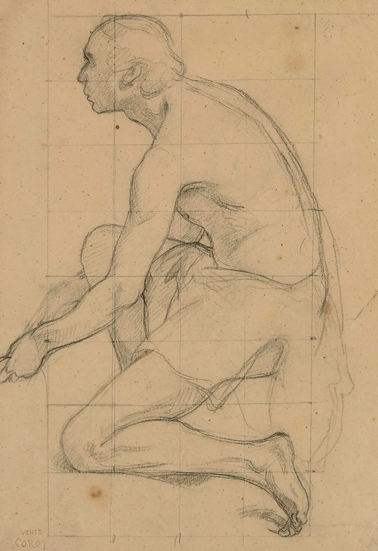 This painting depicts a kneeling man, showcasing Corot's mastery in figurative art.