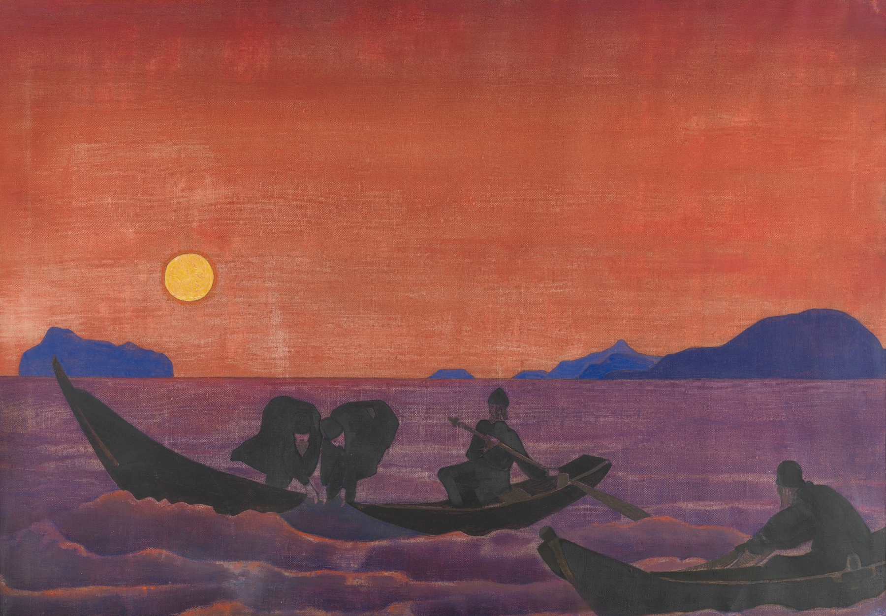 Landscape oil painting by Nicholas Roerich depicting tranquil water and soft sky.